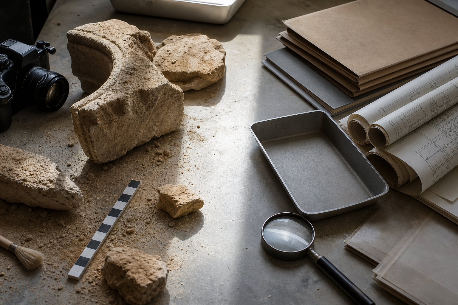 A conservation worktable divided between documented sandstone fragments and closed folders, rolled drawings, a camera, measuring tools, and a magnifying glass.