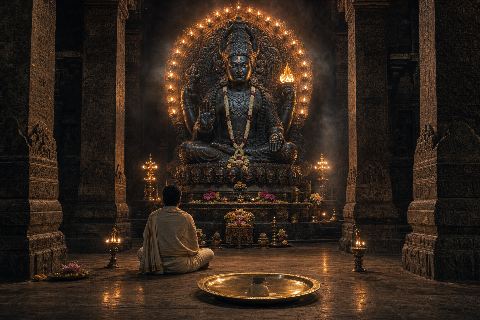 A seated devotee faces a large fierce deity in a stone temple while the devotee's reflection appears in a brass offering plate.