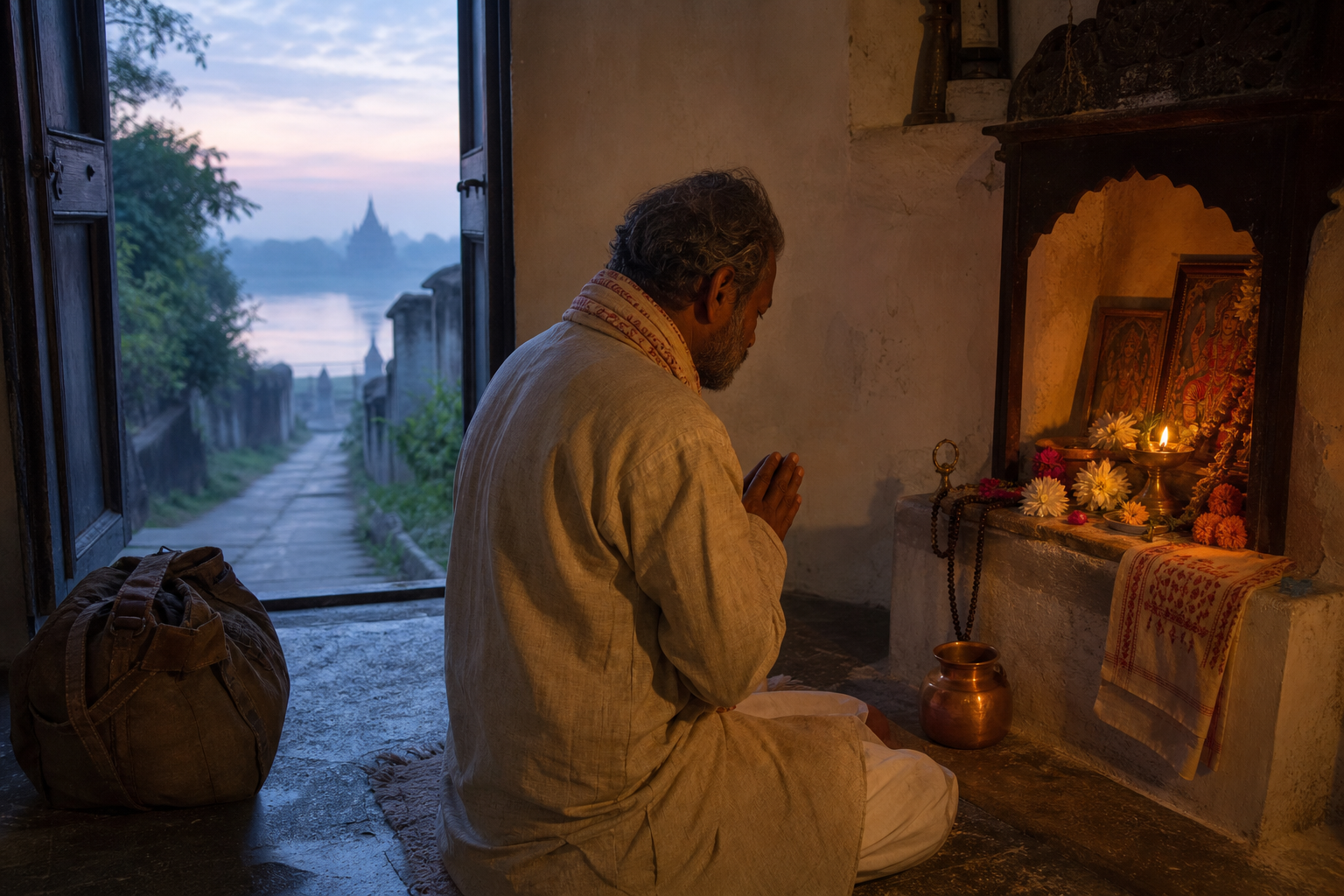 A returning pilgrim kneels beside a lamp and flowers in a home prayer alcove while a path toward a distant river is visible through the doorway.