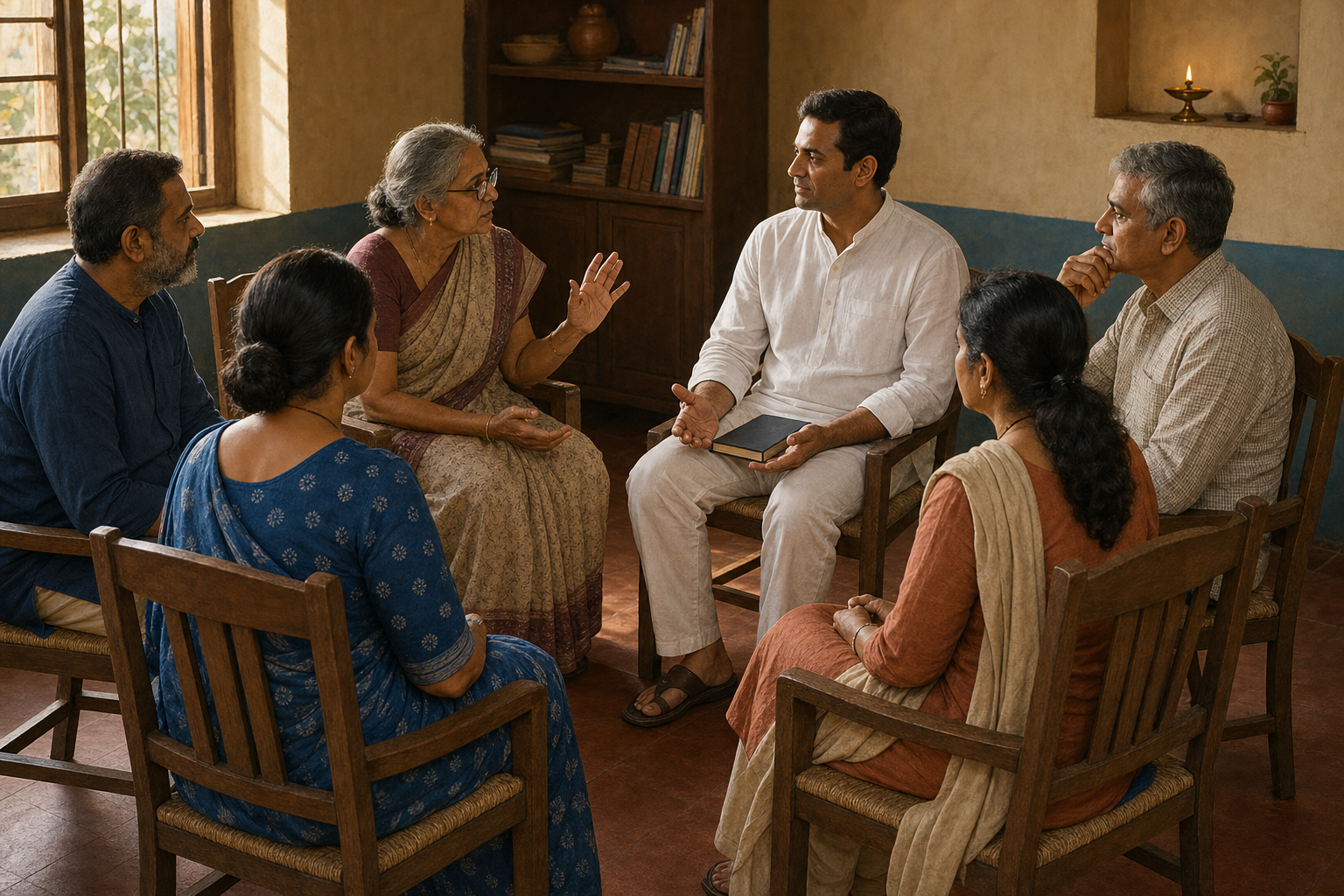 A seated leader listens as one member of a diverse advisory circle offers candid counsel in a community room.