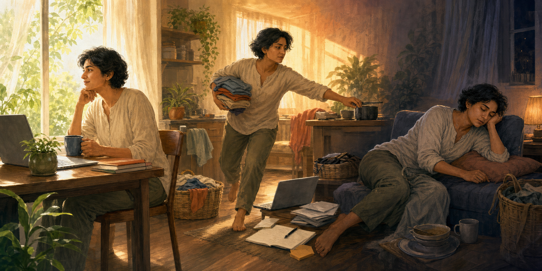 One person appears in three connected moments of a day: working calmly in morning light, rushing among tasks at midday, and sitting tired in a dim evening room.