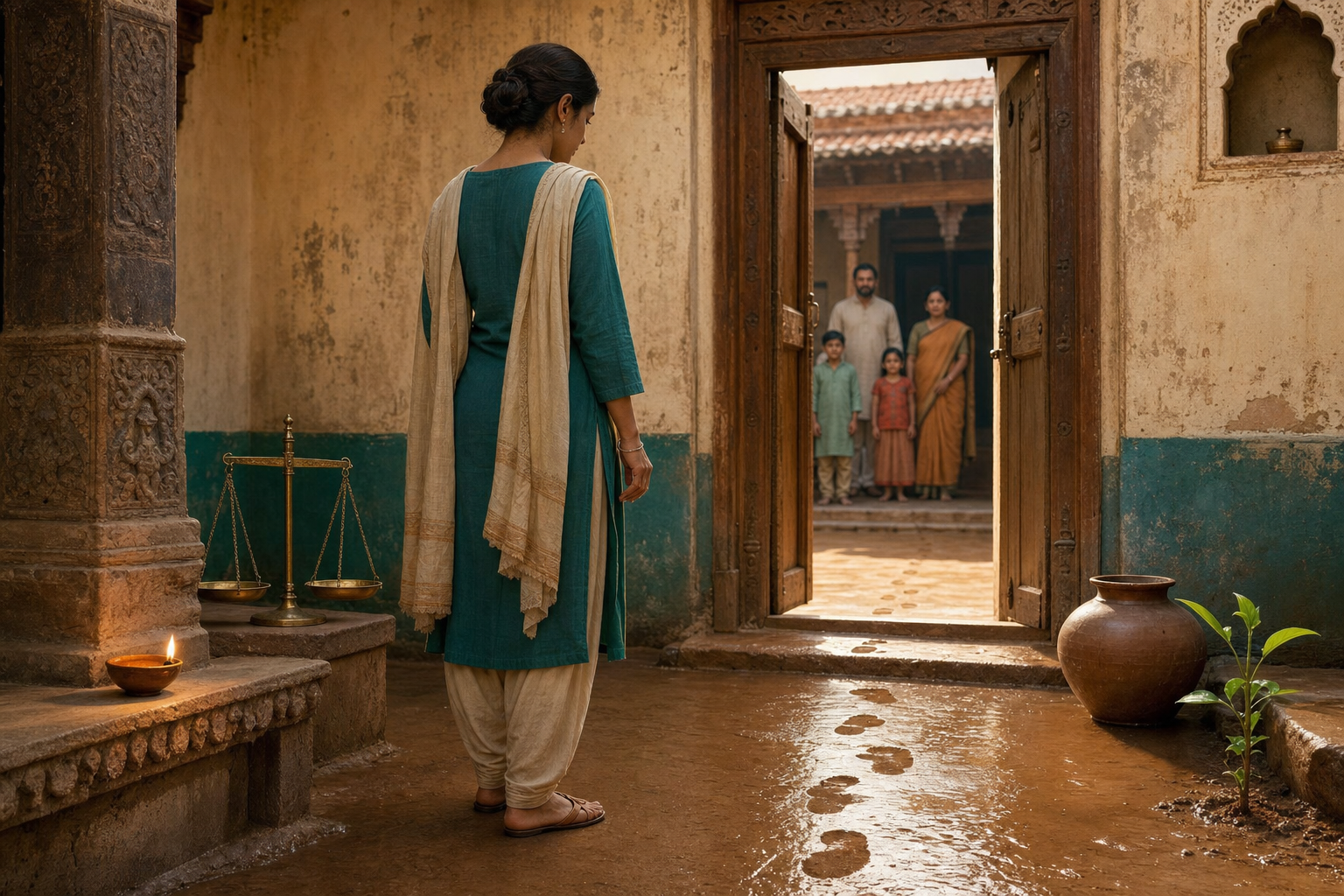 A person pauses in an Indian courtyard beside an oil lamp, scales, footprints, an open doorway and a green shoot.