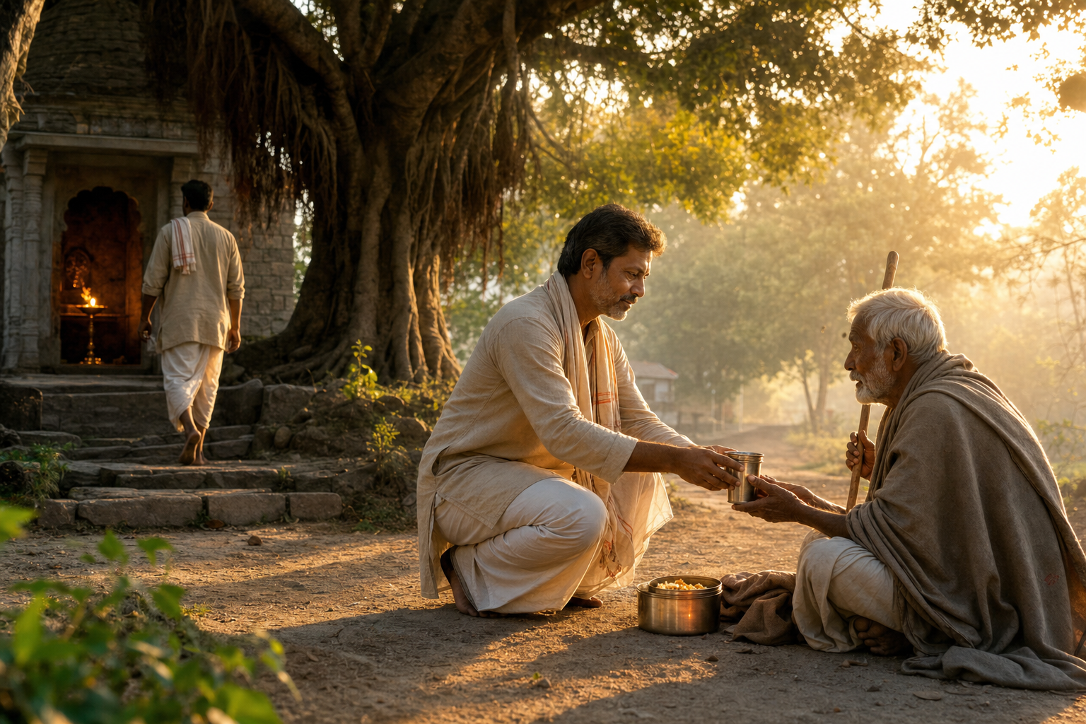 A worshipper leaves a lamp-lit shrine and offers water and food to an elderly traveler on a village path at dawn.