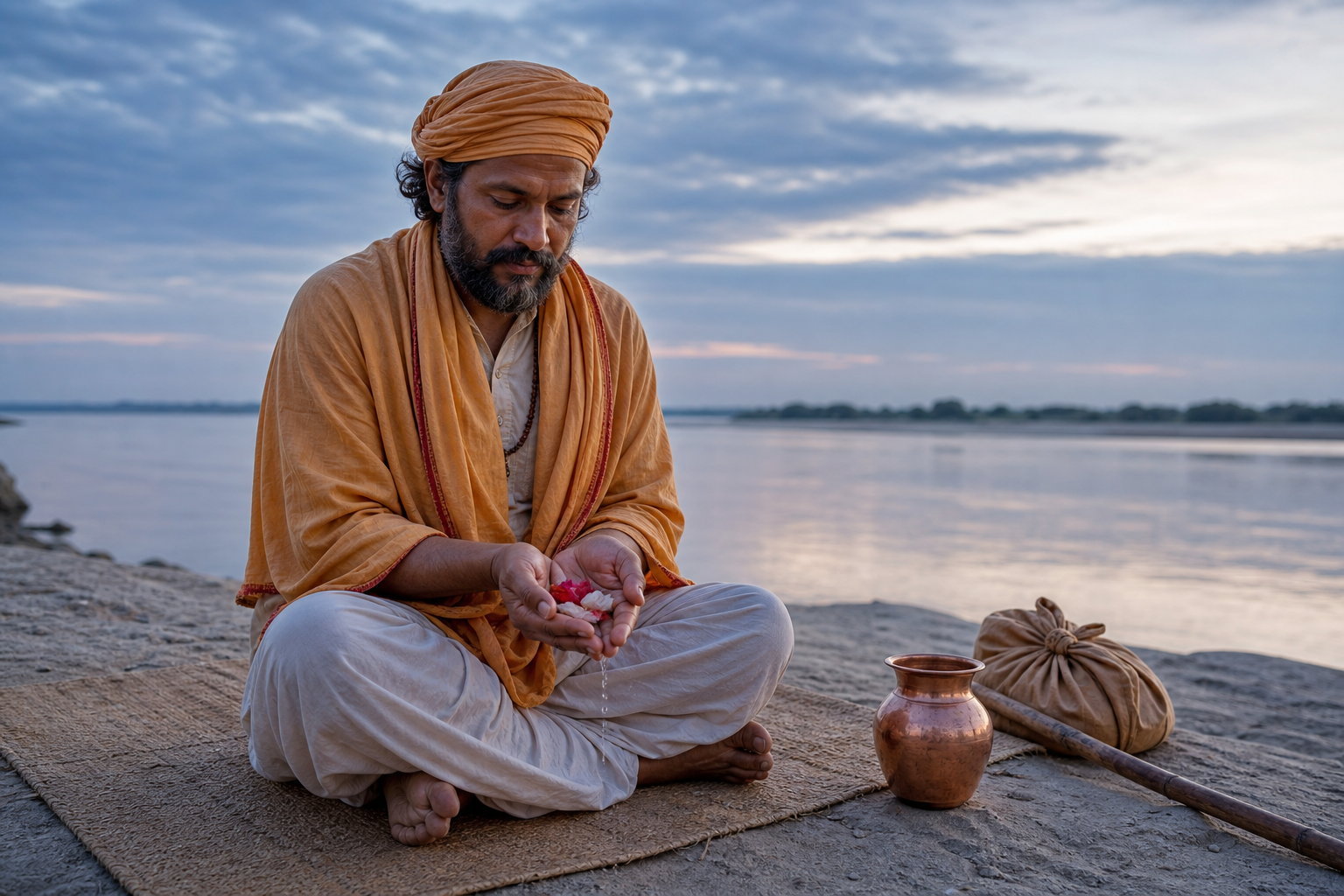 A seated pilgrim holds water and flower petals in cupped hands beside a river before beginning a journey.
