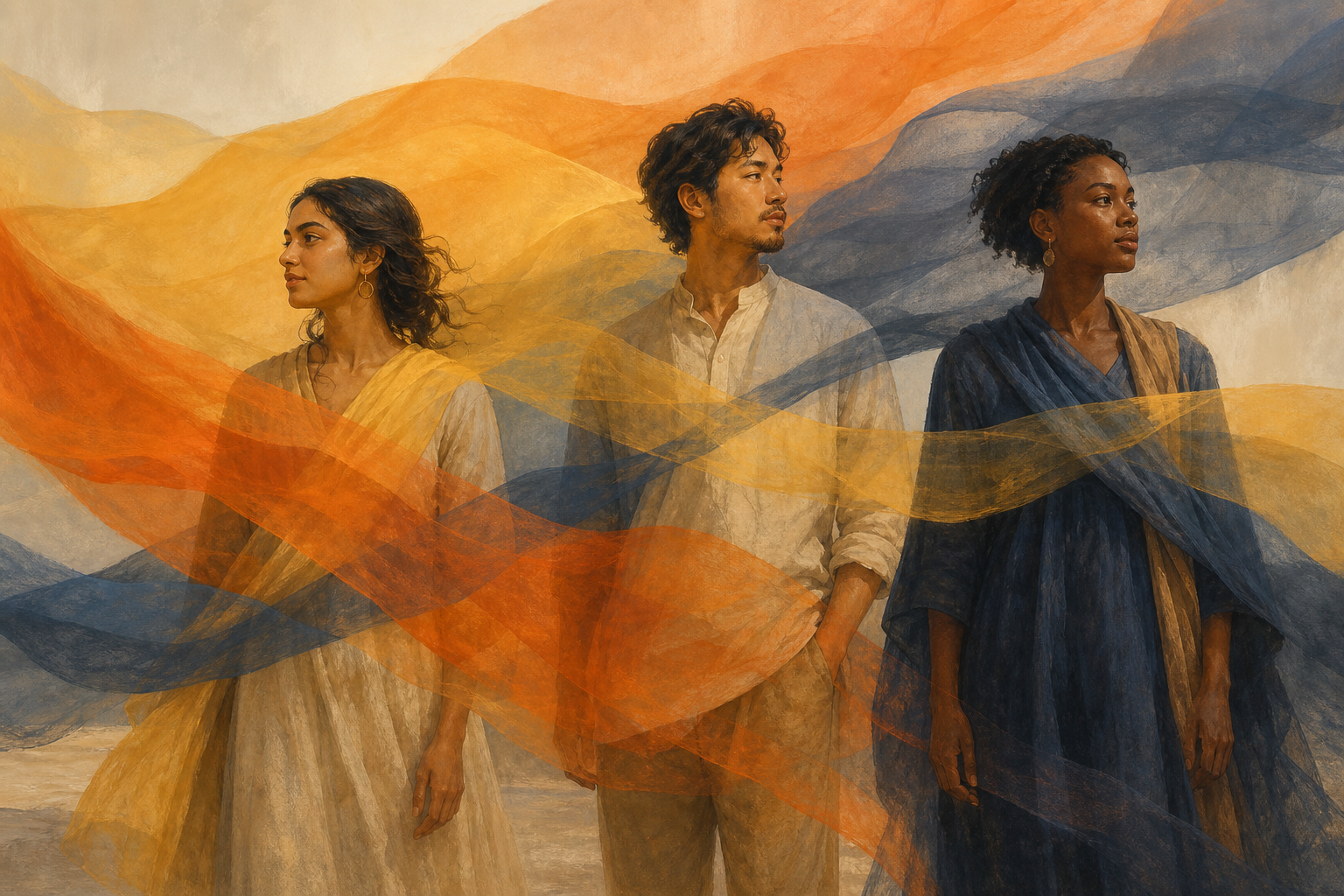 Three adults stand within overlapping gold, orange, and blue-gray translucent veils that pass across every person.