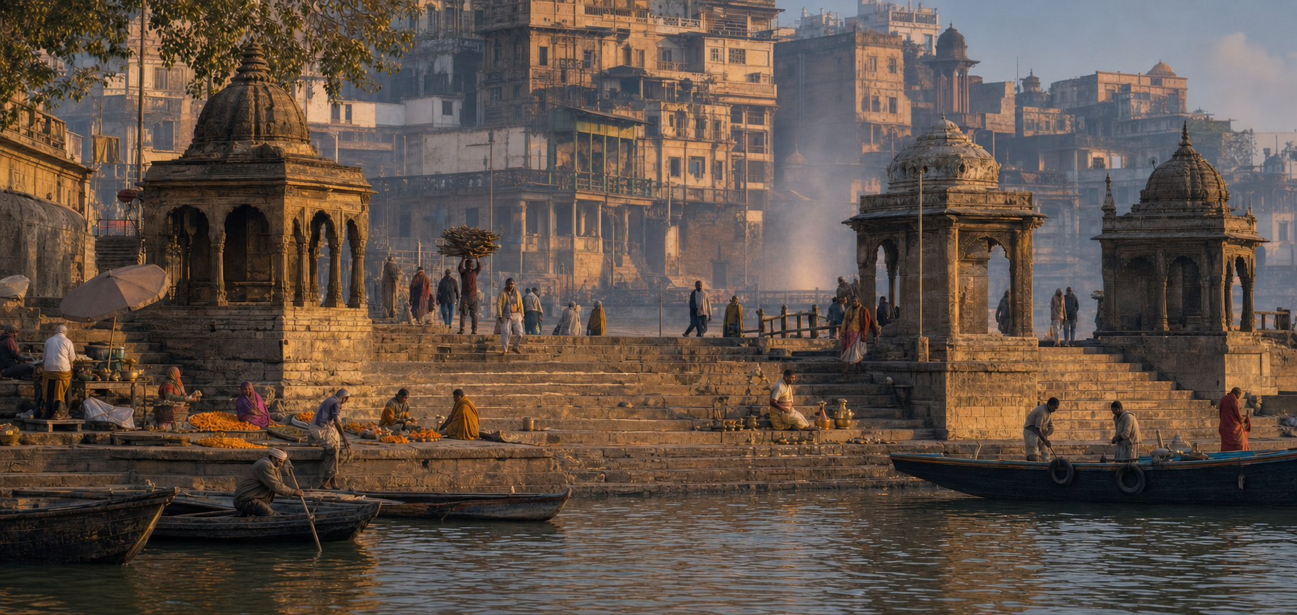 Panoramic illustration of people working, worshipping, boating, and moving through the stone steps and shrines of Manikarnika Ghat, with screened platforms and light smoke in the distance.