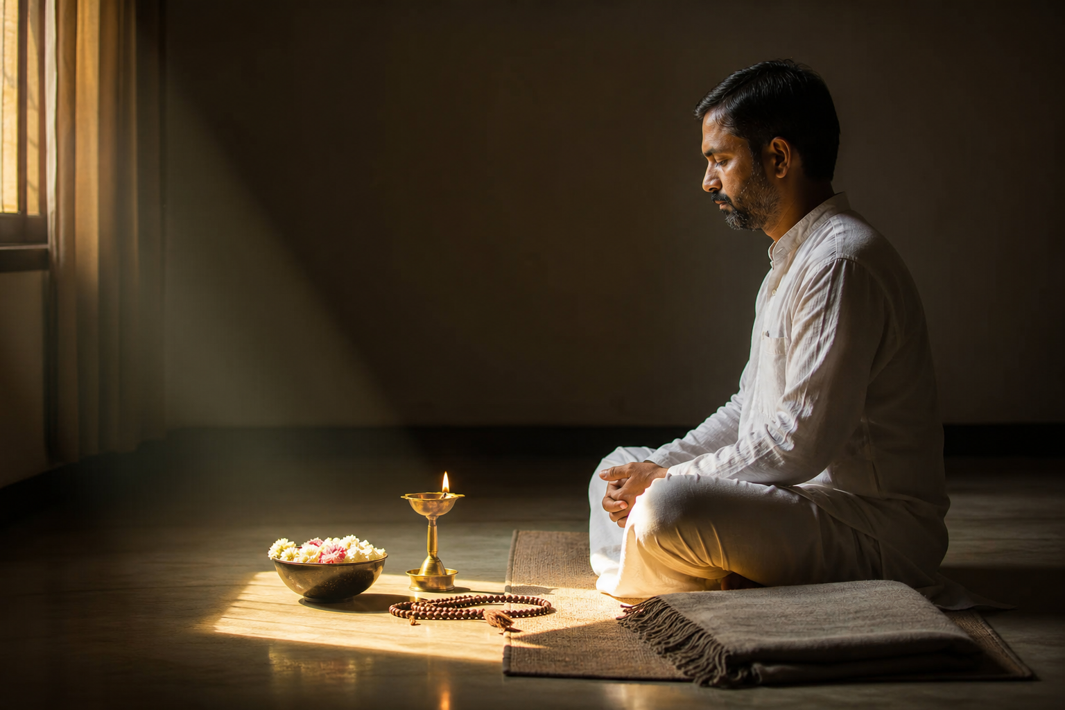 A person meditates in a quiet home prayer space illuminated by a brass lamp and a beam of morning sunlight.