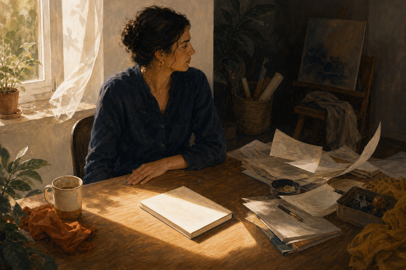 A person pauses at a desk surrounded by orderly sunlit space, scattered active tasks, and a darker corner with an untouched duty.