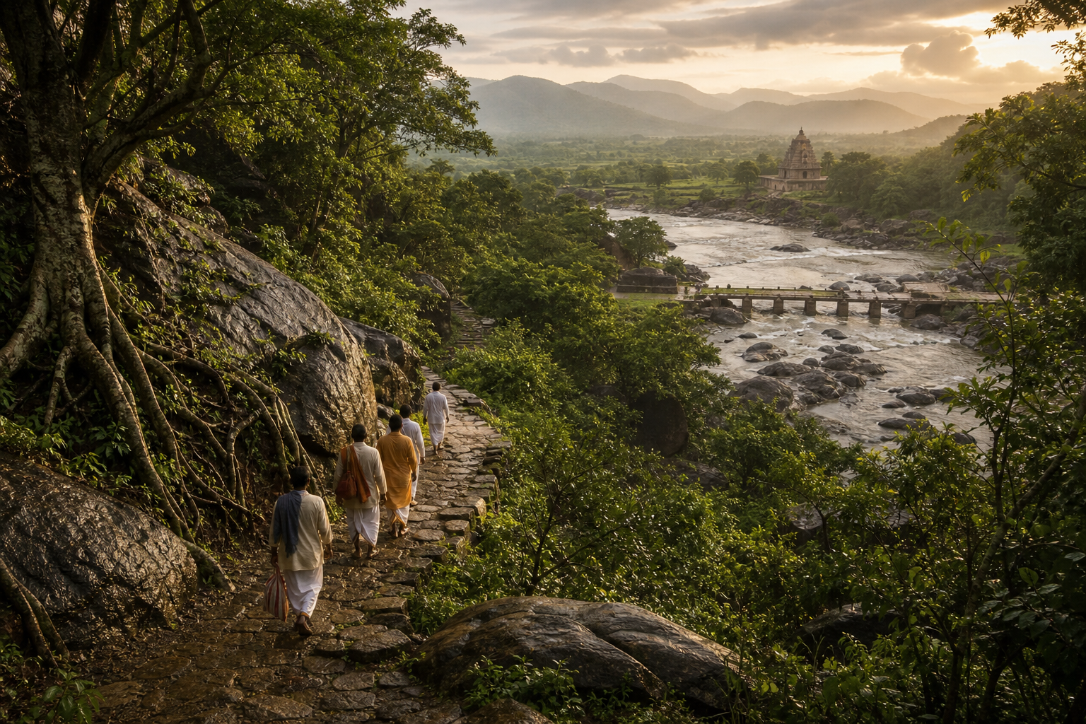 Pilgrims follow a winding stone path through wooded hills toward a river and a distant temple.