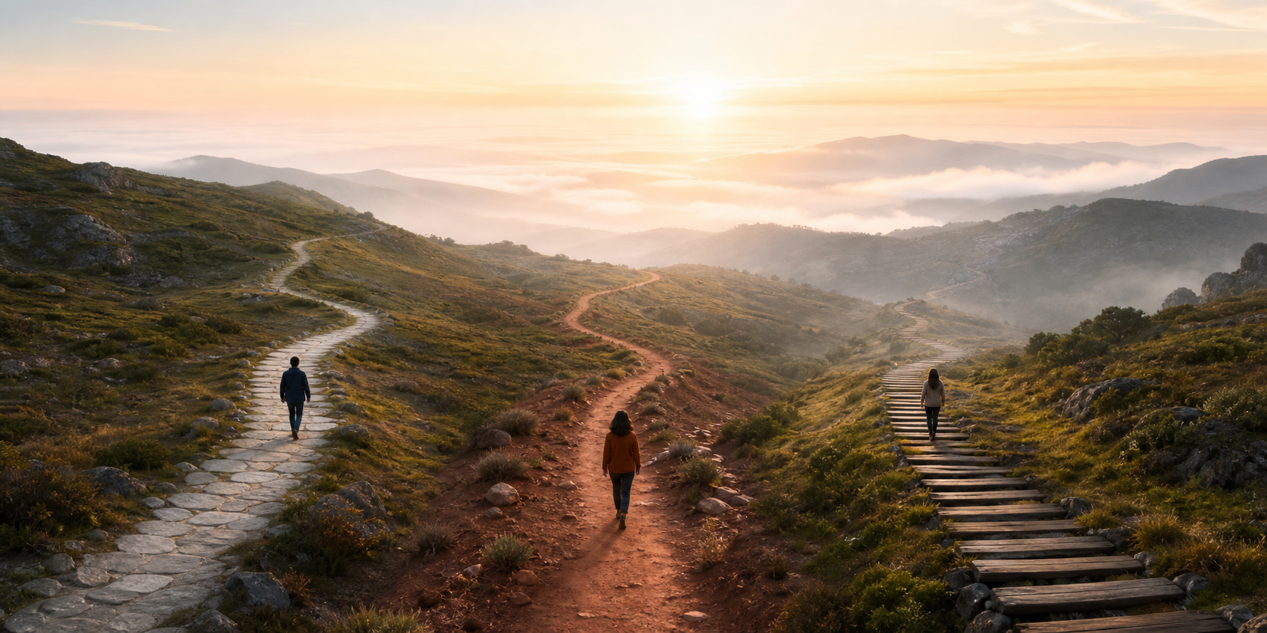 Three people walk on separate stone, earth, and wooden paths across a mountainside toward the same sunlit horizon.