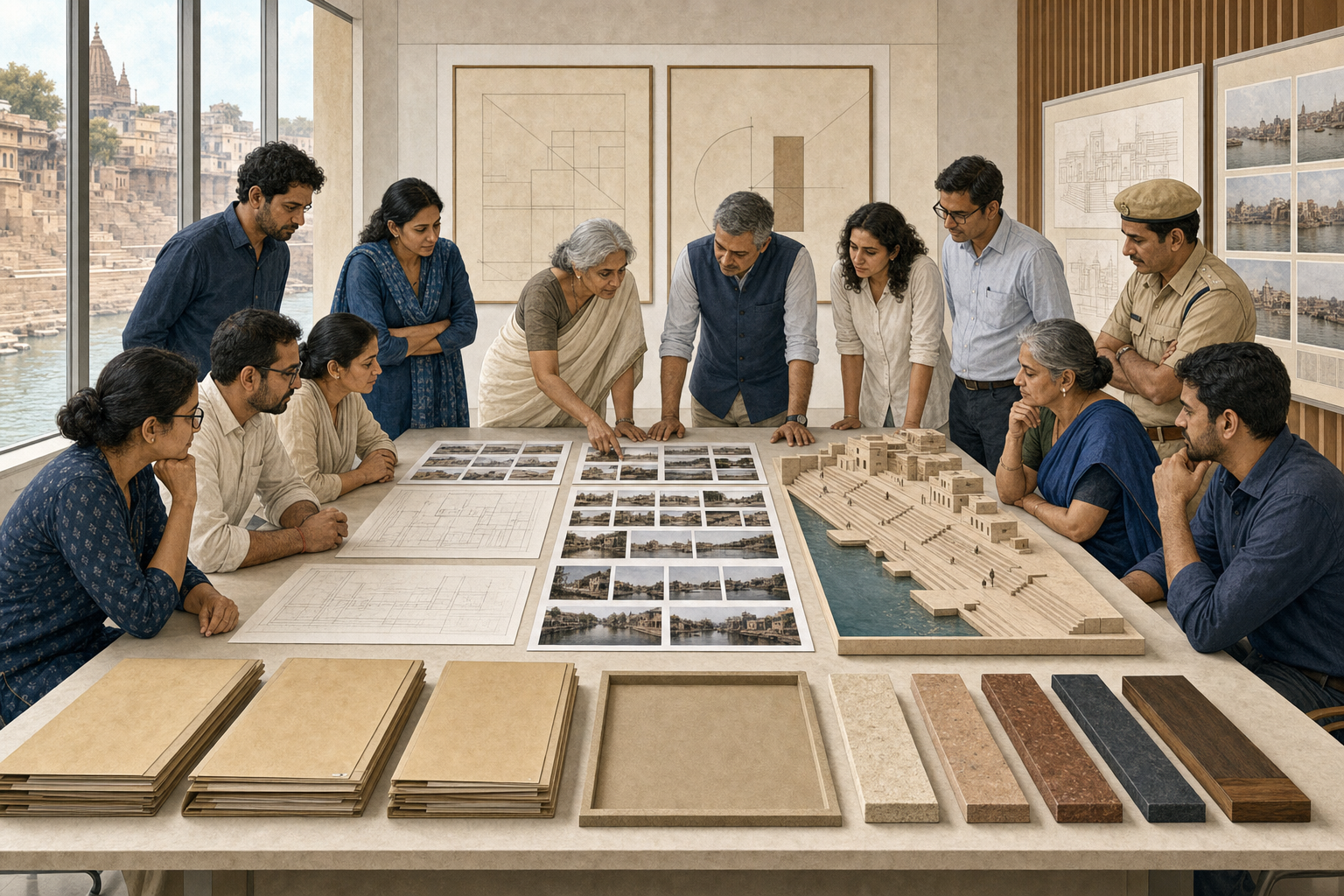 Citizens, conservation professionals, and officials examine folders, photographs, material samples, drawings, and a riverfront scale model around a public review table.