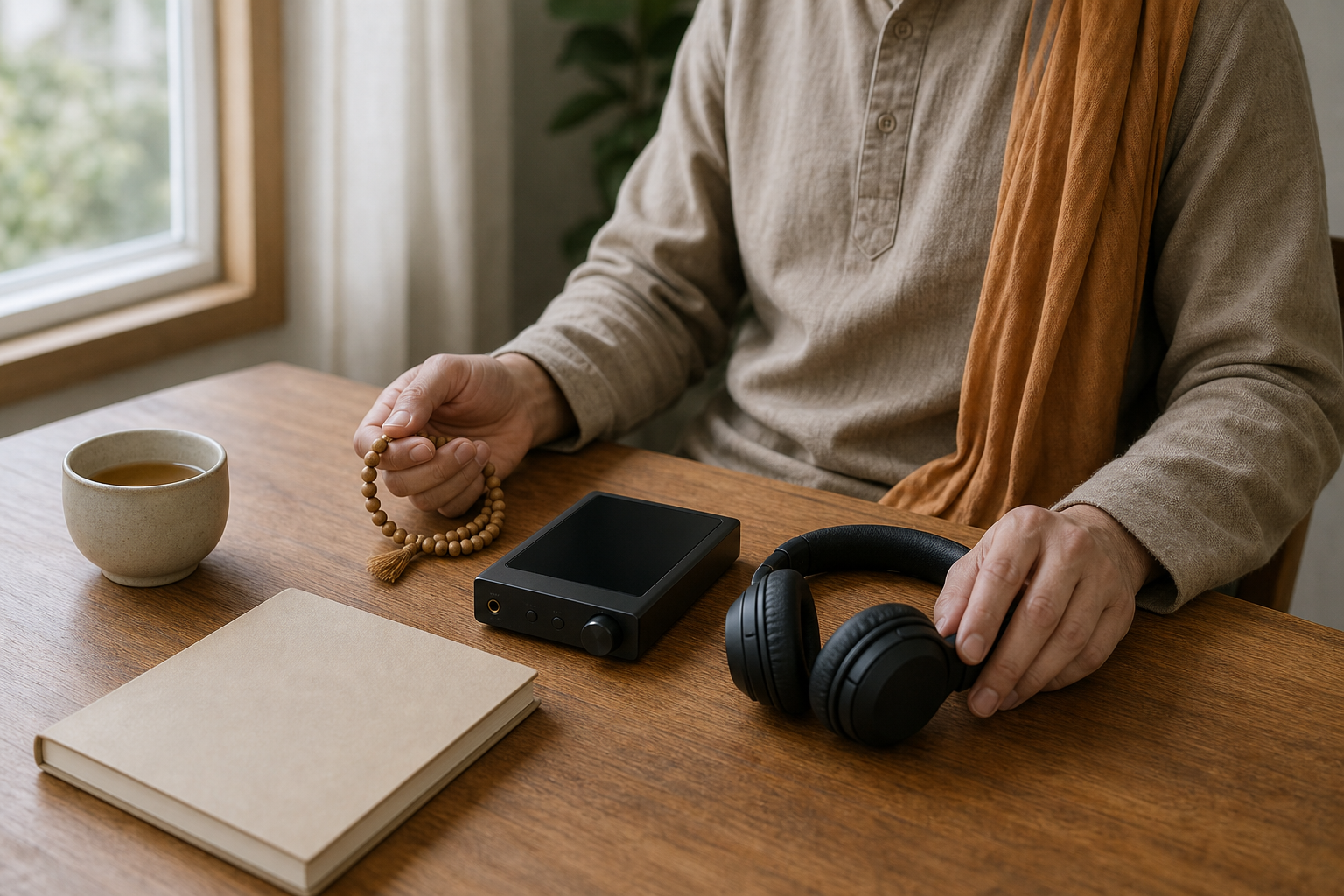A listener sits at a wooden table with headphones, prayer beads, a closed notebook, and tea arranged for focused kirtan listening.