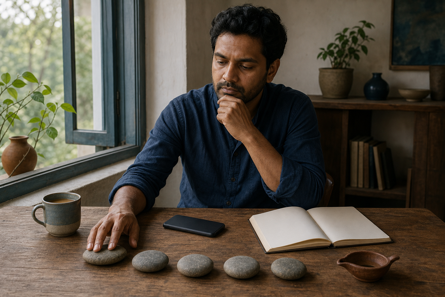A person pauses at a wooden table beside a face-down phone, touching one of five smooth stones arranged in an arc.