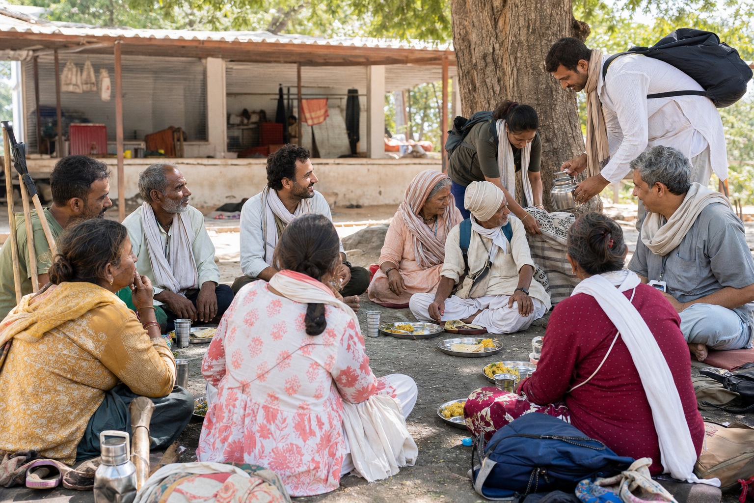 Pilgrims share a meal beneath a tree while companions serve water and assist an older traveler.