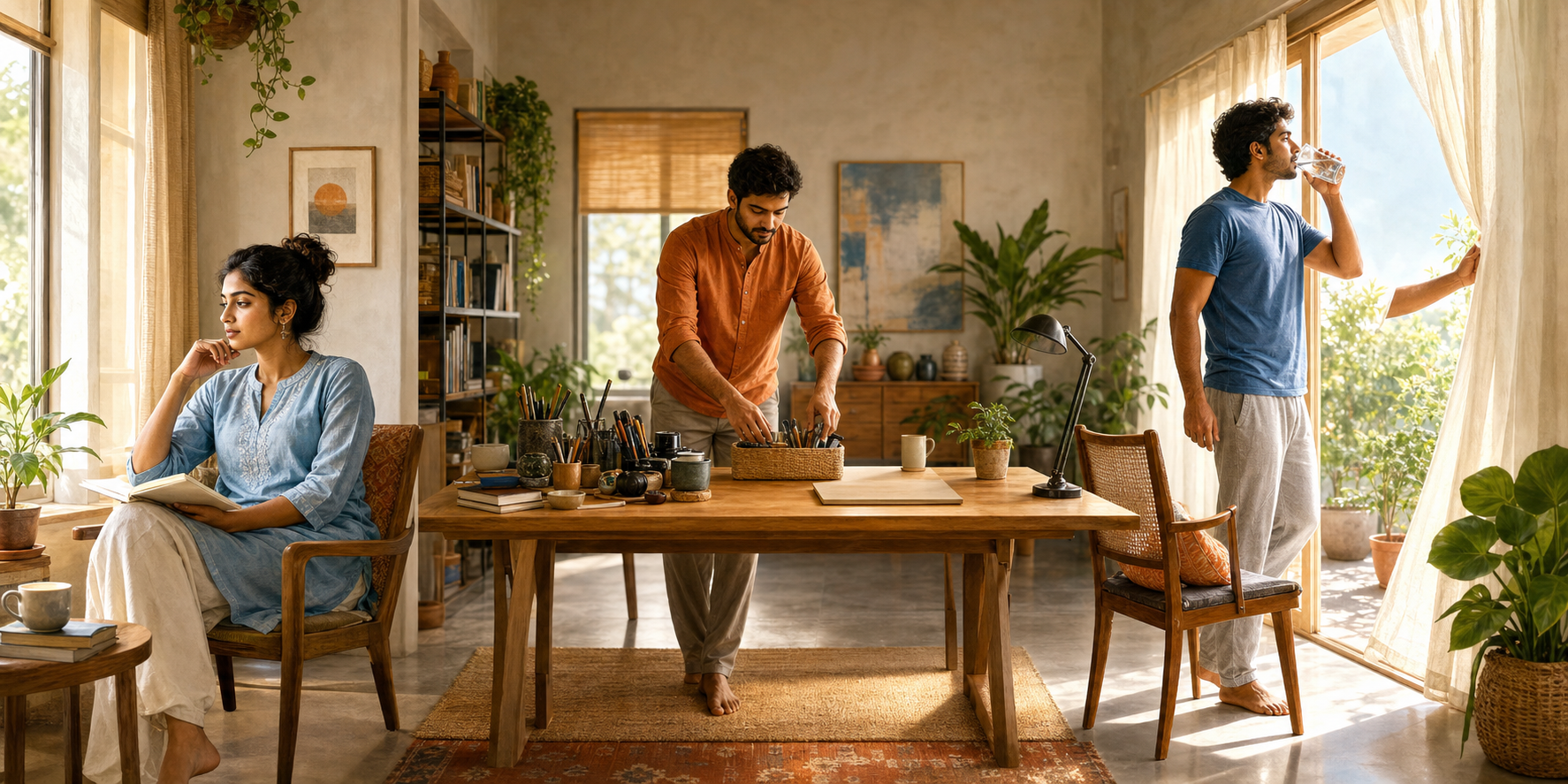 Three connected scenes show a calm person reflecting, a restless person simplifying a crowded desk, and a tired person opening curtains and moving toward daylight.