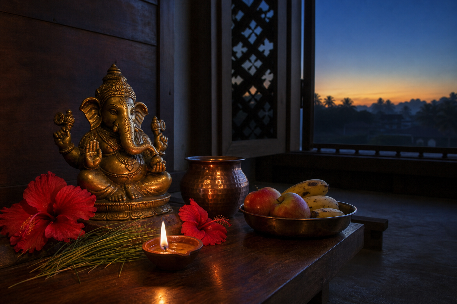 A brass Ganesha murti, glowing clay lamp, flowers, durva grass, copper vessel, and fruit arranged on a home altar before sunrise.