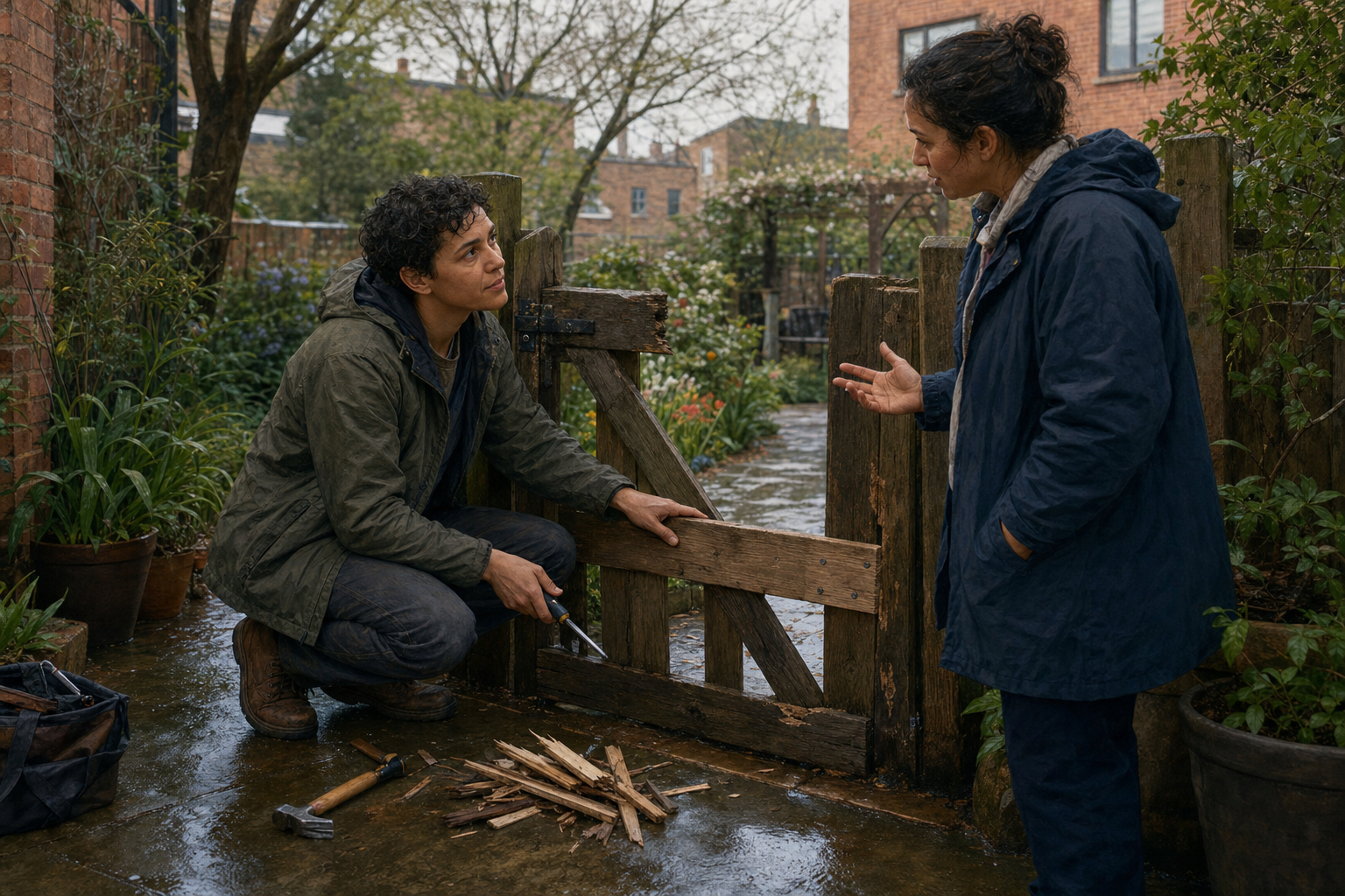 One person repairs a broken wooden garden gate while pausing to listen to another person standing nearby.