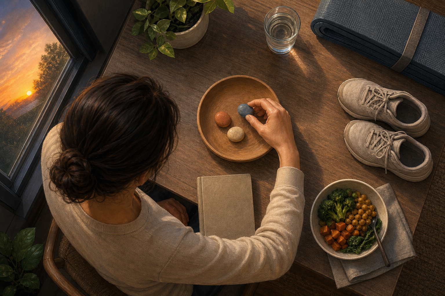 From above, a person places colored pebbles in a wooden bowl beside walking shoes, water, an exercise mat, a simple meal, and a closed notebook.