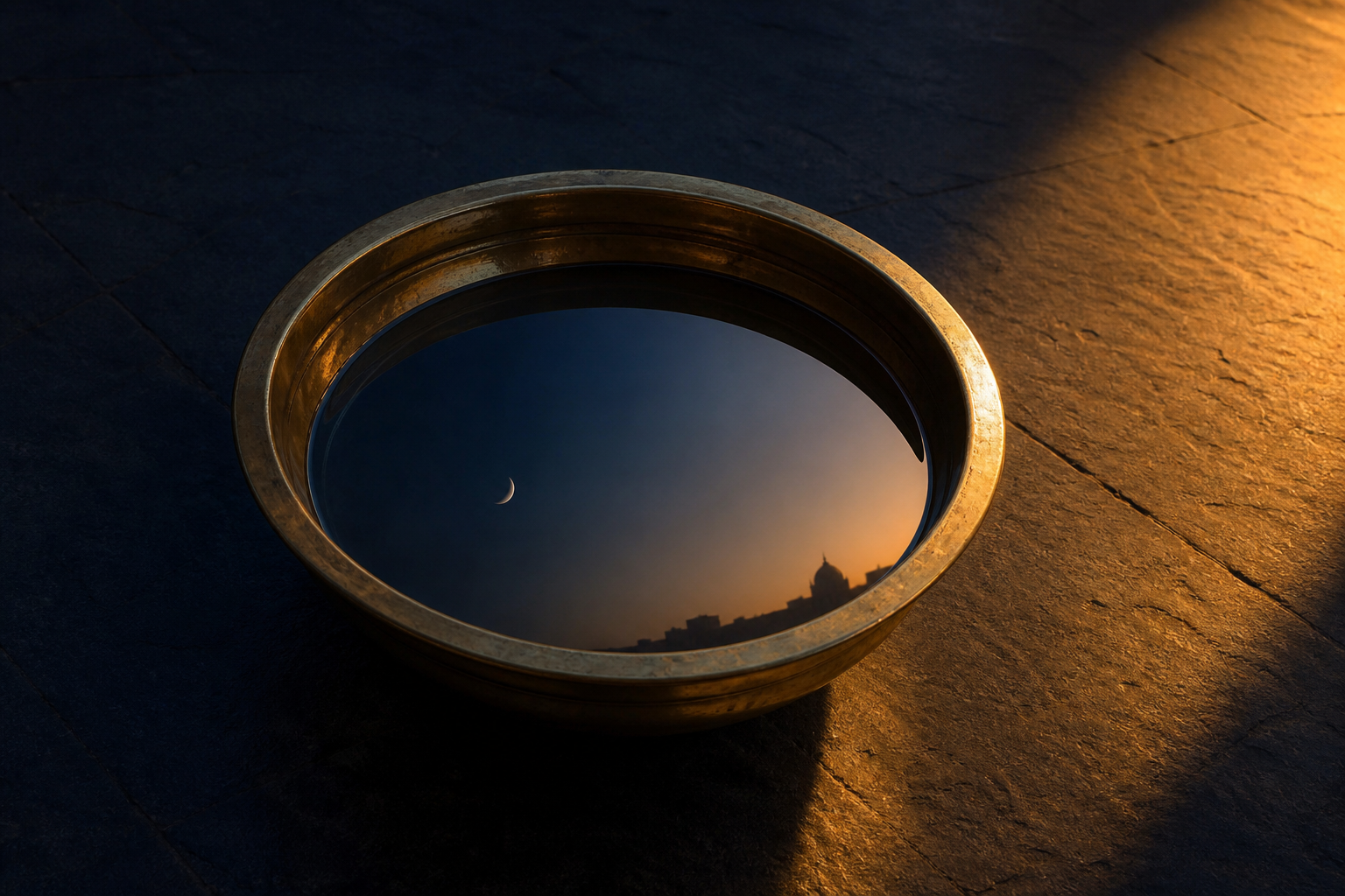 A brass bowl of water reflects a waxing moon and early dawn light across a cool-to-warm boundary.