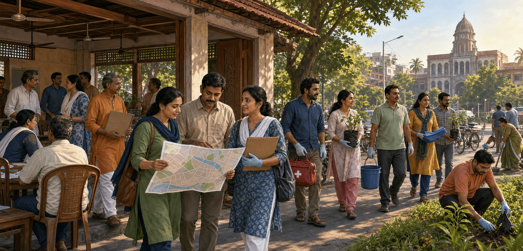 Community volunteers leave a neighborhood meeting hall with folders, safety supplies, and saplings to begin a coordinated civic service project in a Maharashtrian city.