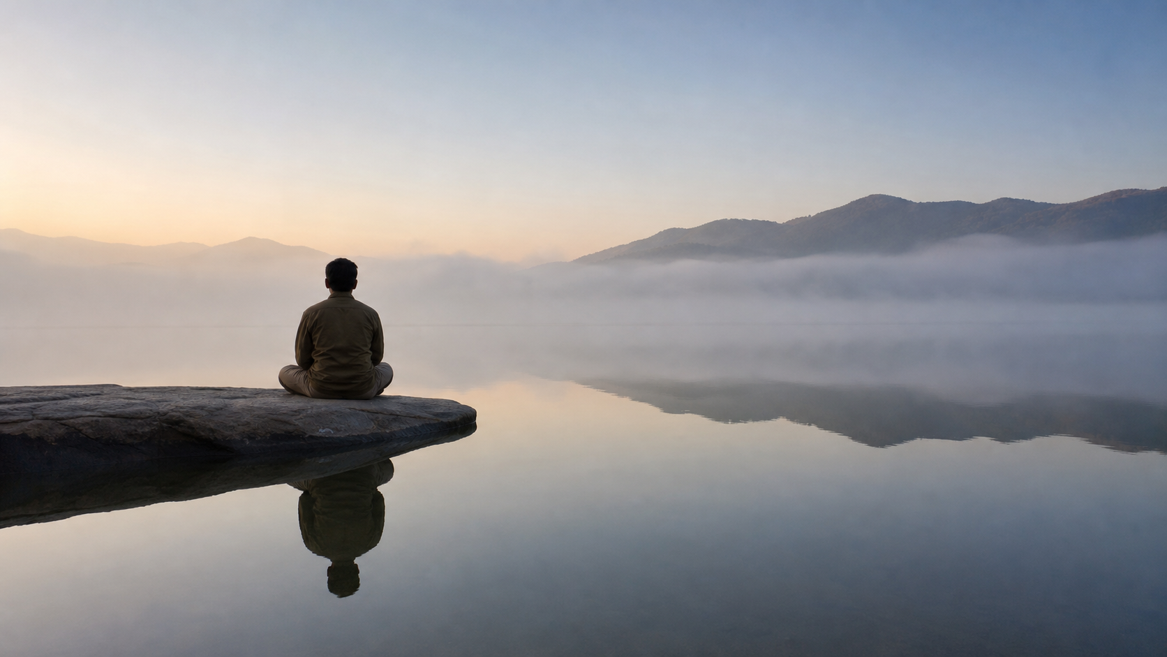 A person sits beside a still lake at dawn as misty hills and the sky reflect across the calm water.