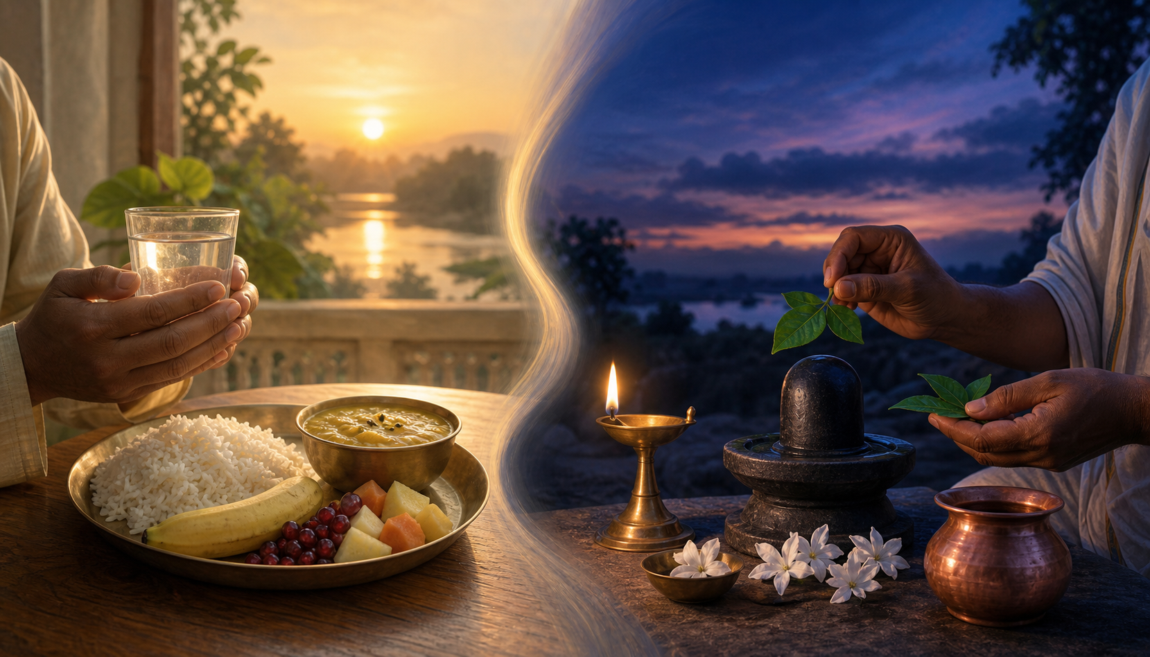 One vignette shows a fast being completed with water and a simple morning meal, while another shows lamps and offerings arranged for Pradosha worship at dusk.