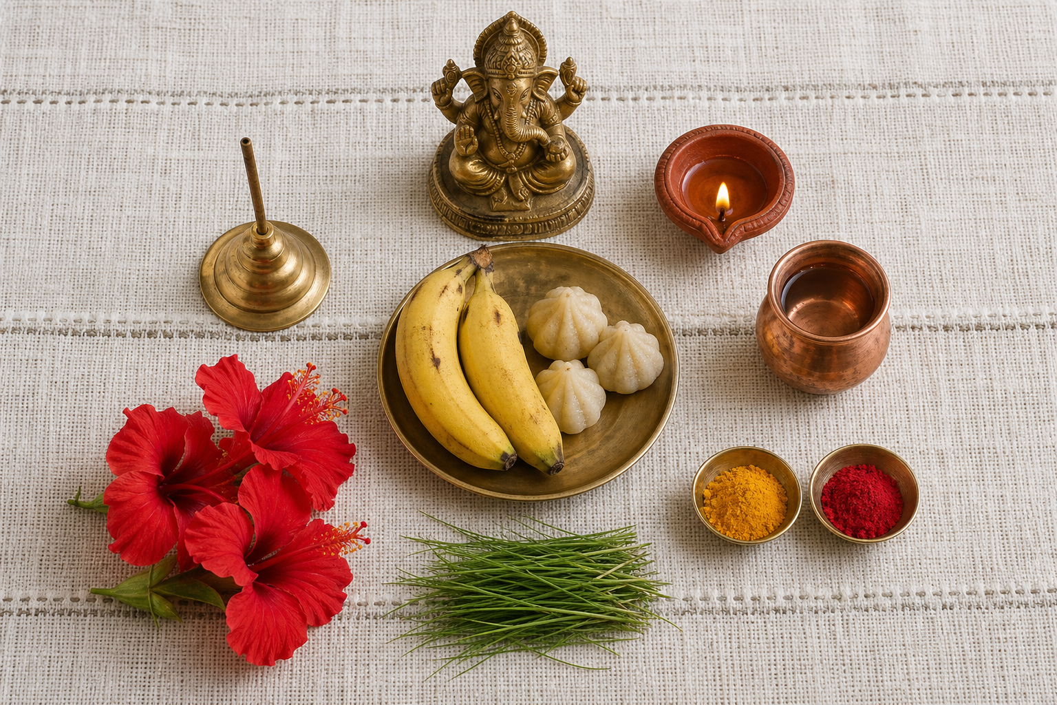 An overhead view of a simple Chaturthi altar with a brass Ganesha murti, diya, water, fruit, sweets, flowers, and durva grass.