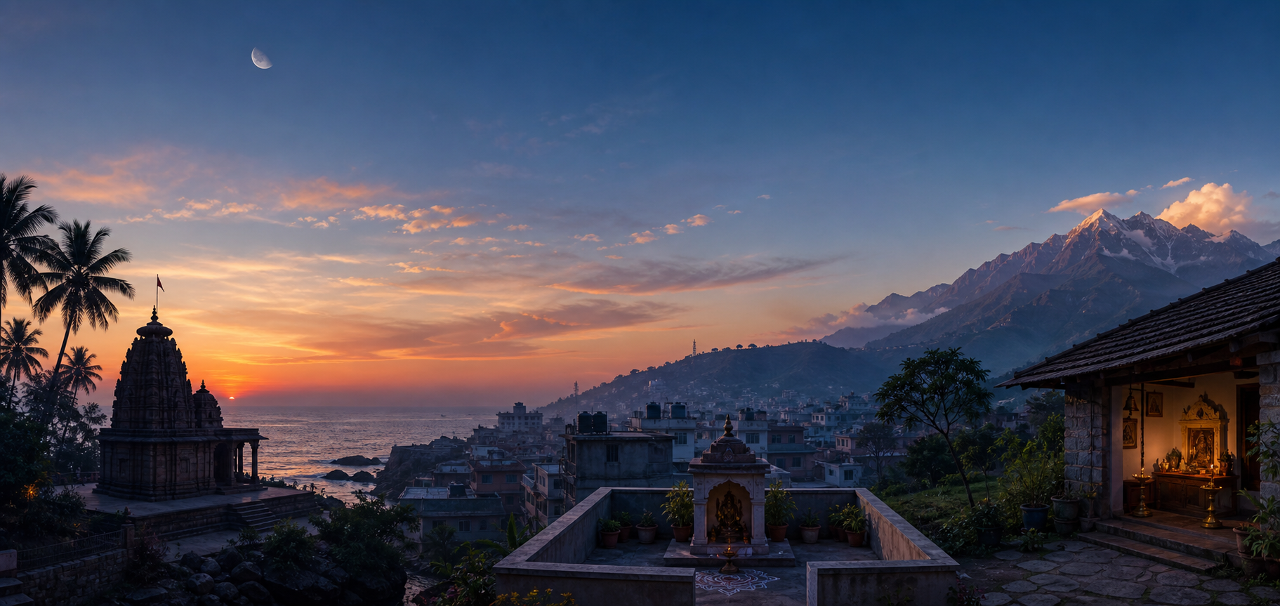 A coastal temple, city rooftop shrine, and hill-country home appear beneath one dawn sky with light reaching each setting differently.