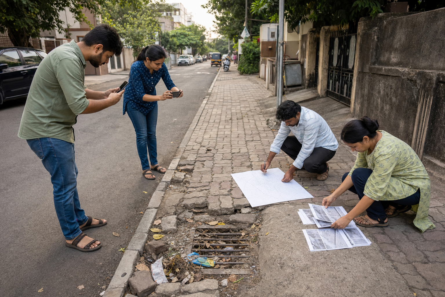 Volunteers photograph a damaged footpath and blocked drain while recording the location and organizing evidence for civic follow-up.