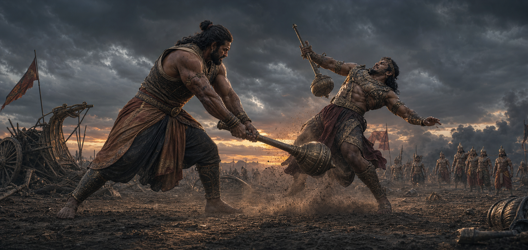 Bhima swings a heavy mace toward Duryodhana's thigh during their final duel as dust rises and distant warriors watch beneath a dark sunset sky.