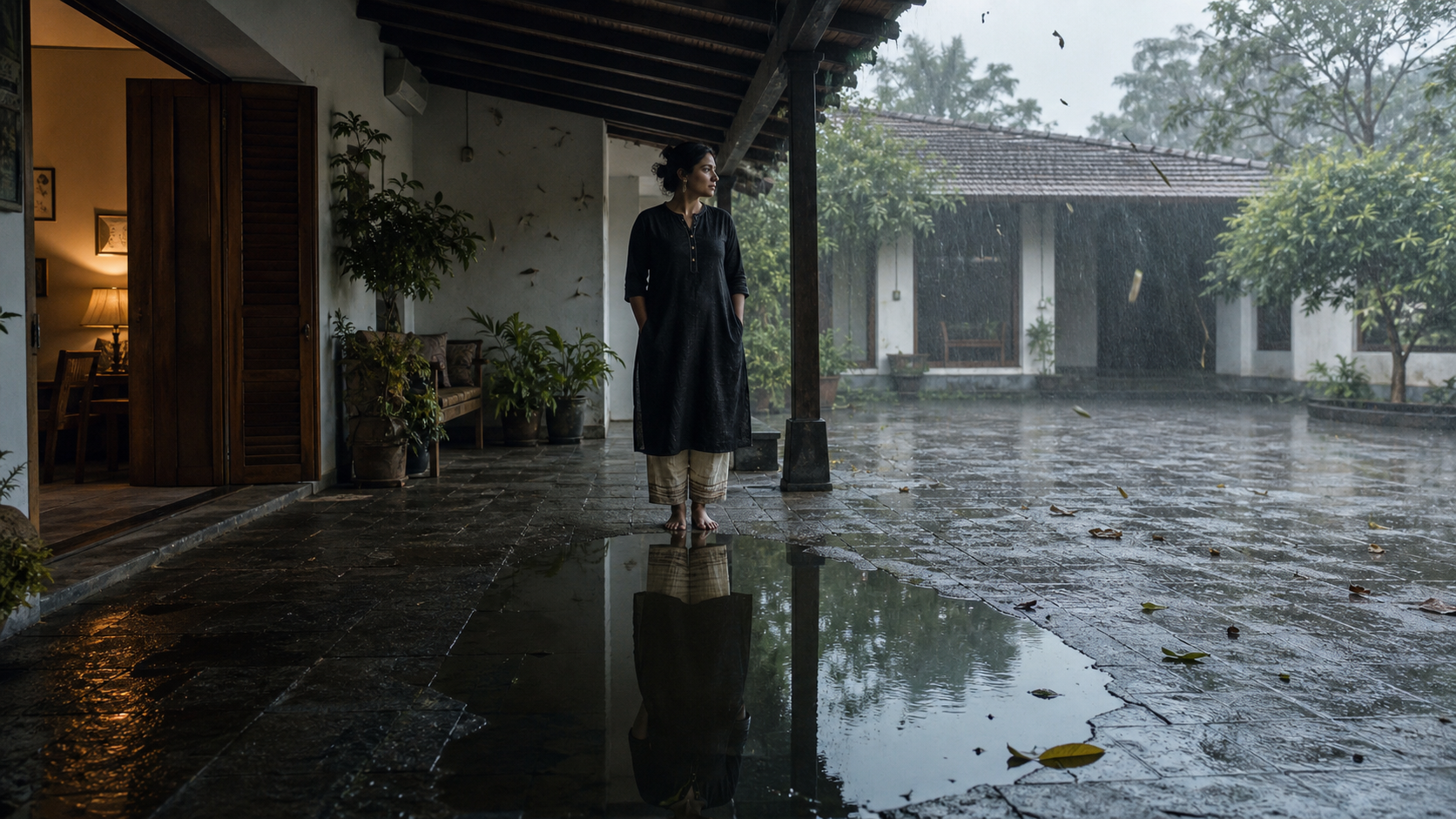 A person stands beneath a veranda during heavy rain, with their full reflection visible in a courtyard pool.