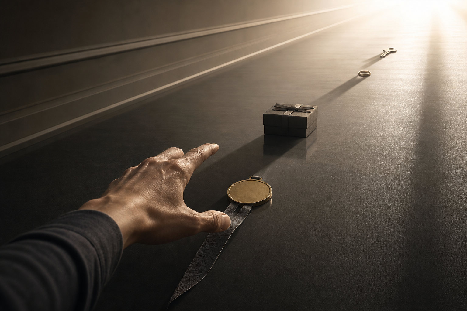 A hand reaches across a table toward a medal, gift box, ring, and key arranged in a receding line.