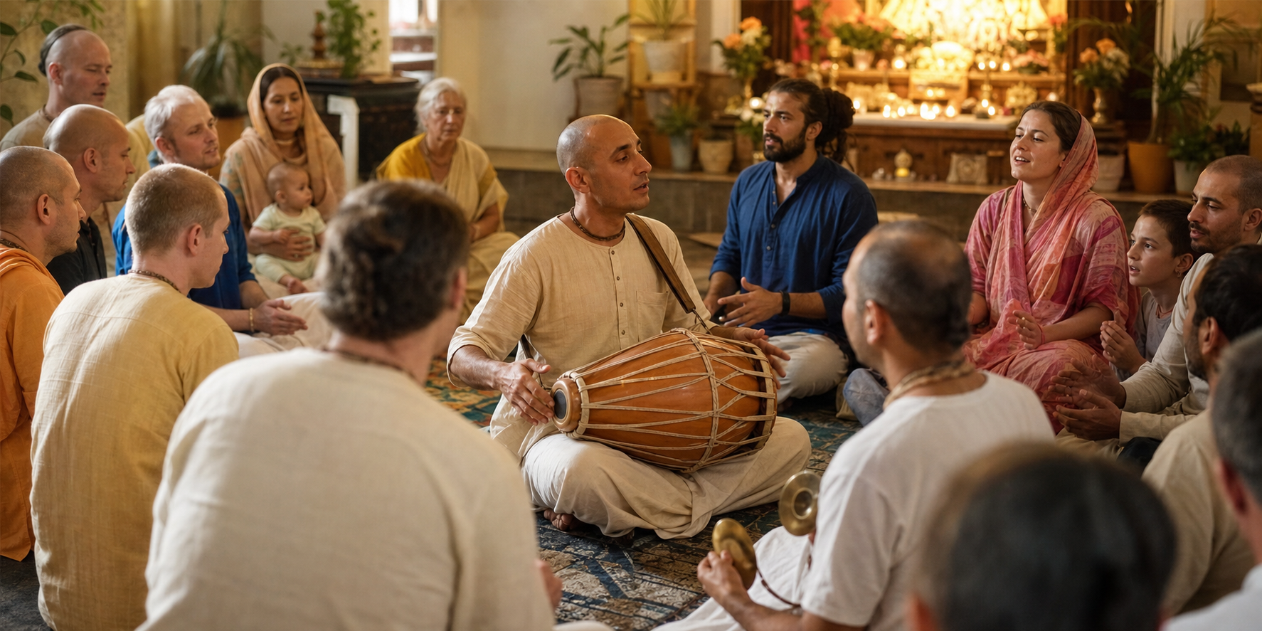 A kirtan leader seated among devotees plays a double-headed drum while the group chants together in a softly lit temple hall.