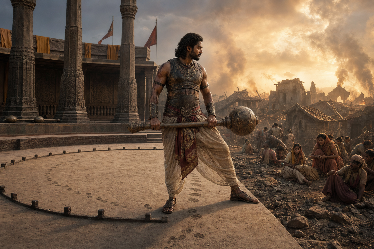 A mace-bearing warrior pauses between an orderly dueling arena and a damaged village where civilians seek shelter.