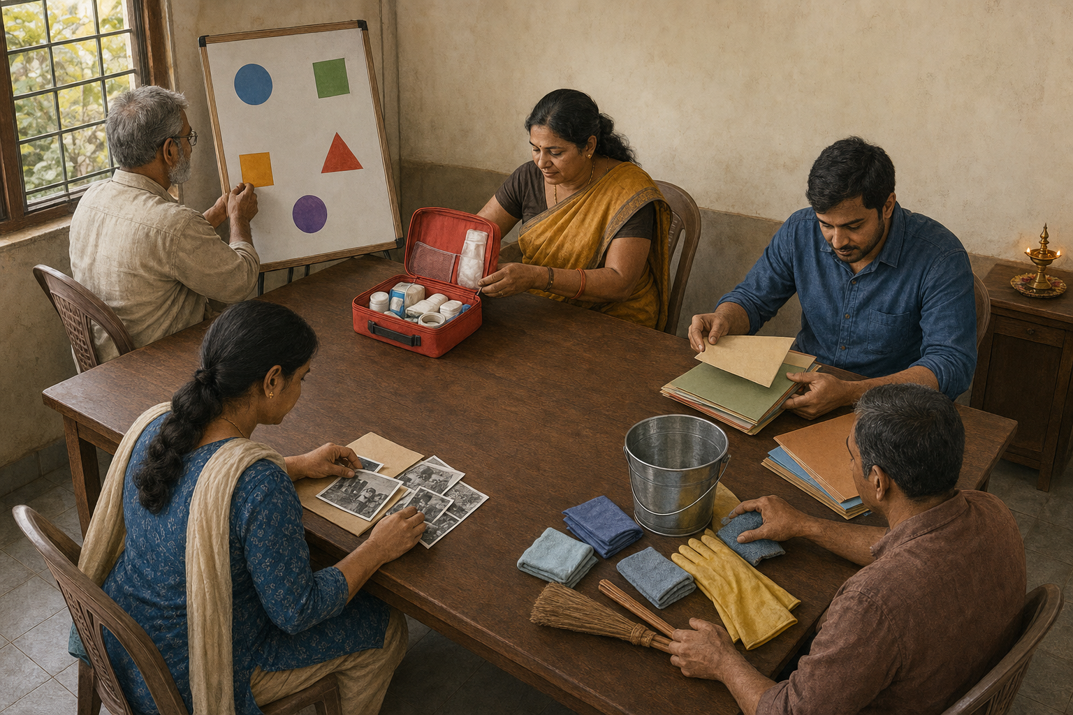 A community team divides civic responsibilities around a table with folders, safety equipment, photographs, and a first-aid kit.