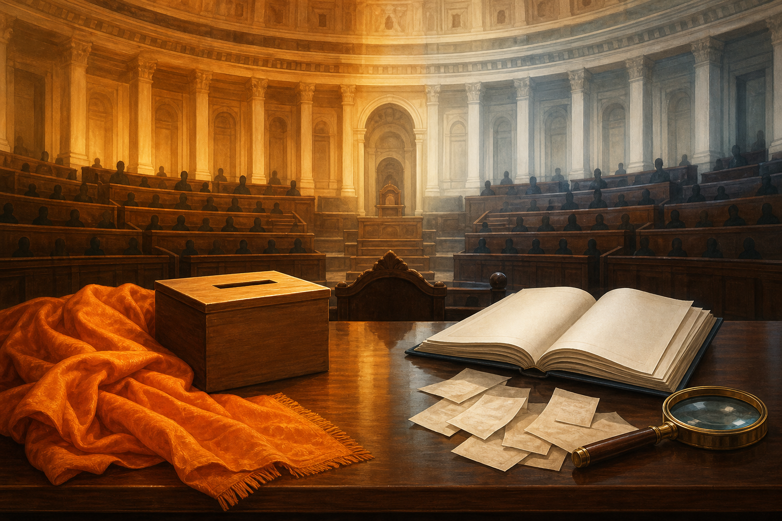 Saffron cloth and a donation box sit opposite an open ledger and magnifying glass in a fictional legislative chamber.