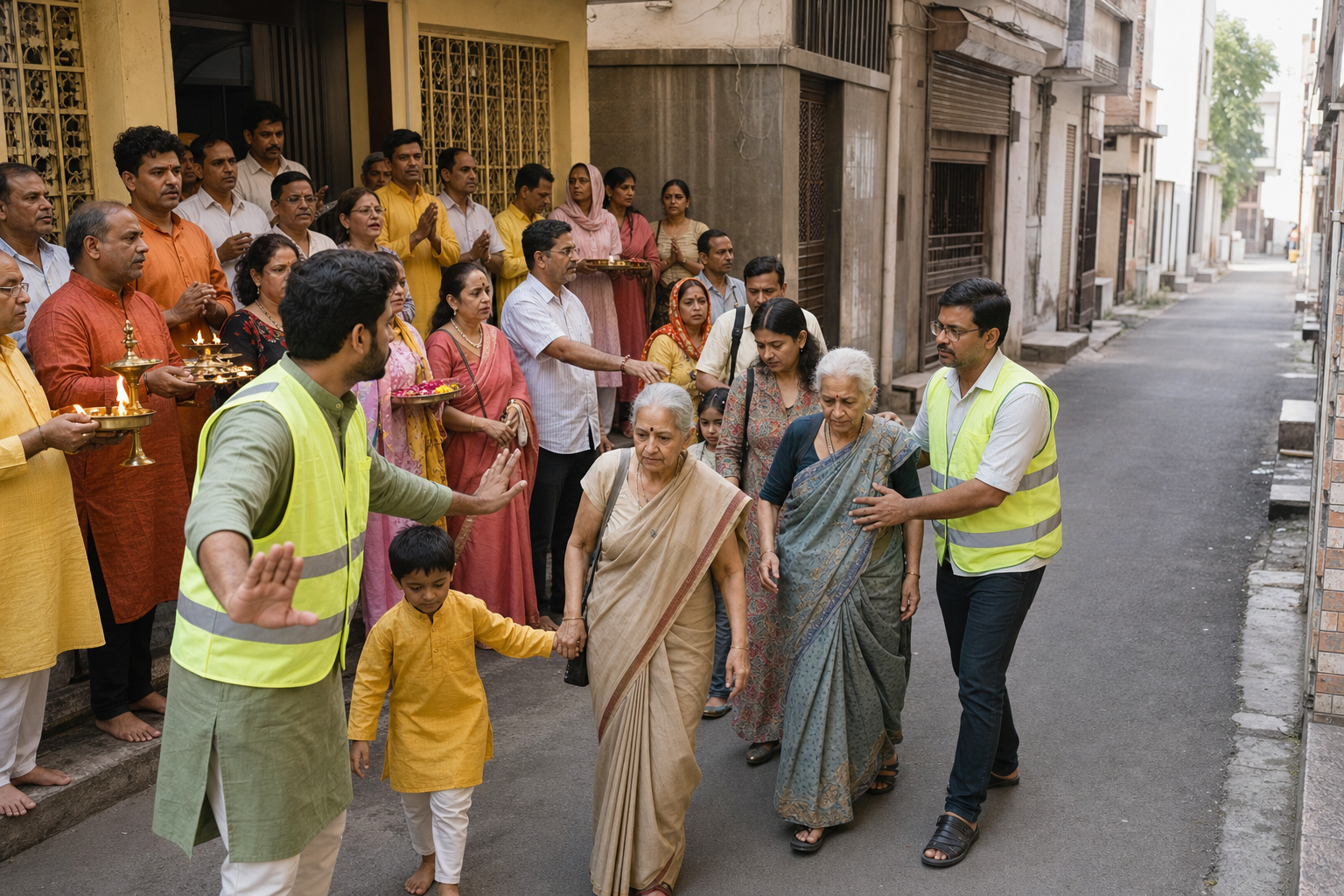 Organizers inspect a narrow lane with religious entrances, parked scooters, and a potential pedestrian bottleneck.