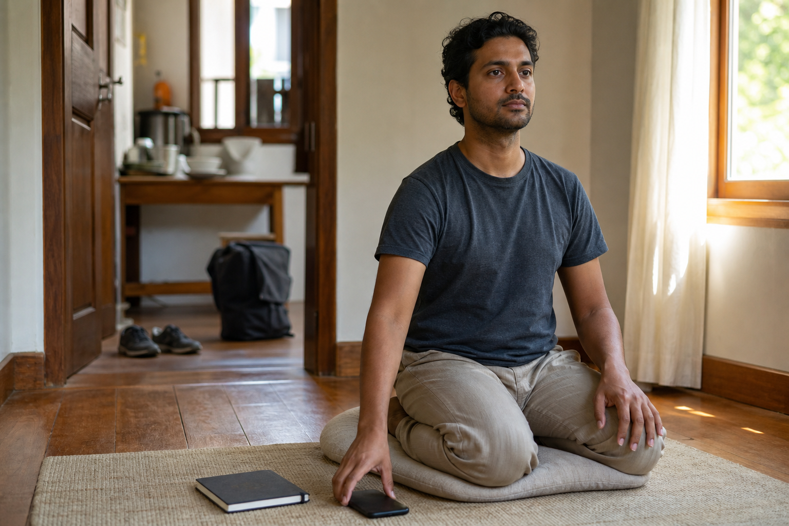 A person practices seated contemplation in a simple room beside a face-down phone and an unmarked notebook.