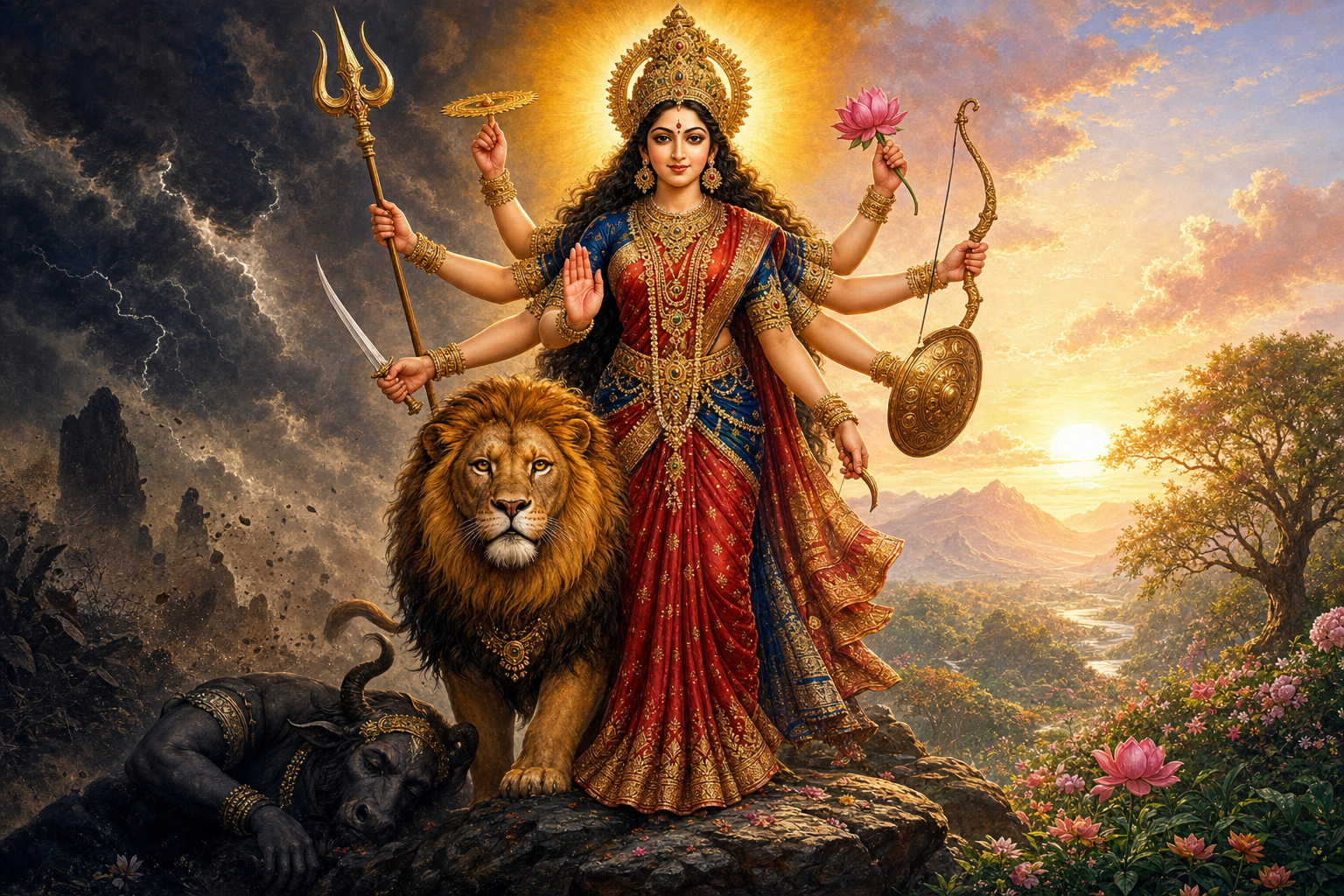 Goddess Durga stands with multiple symbolic weapons and a raised protective hand beside a lion, above a subdued buffalo form as dawn breaks through storm clouds.