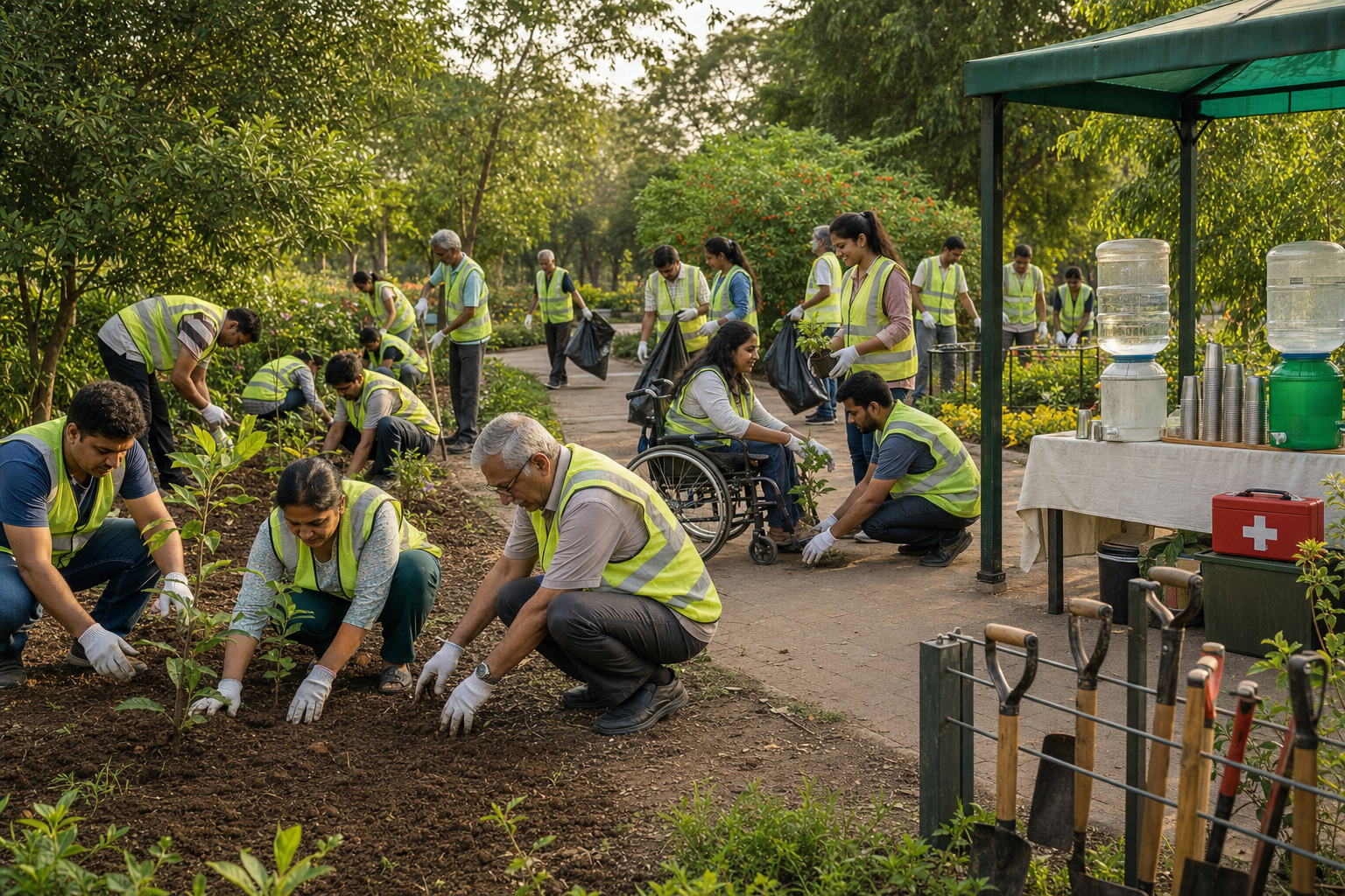 A diverse group of volunteers safely plants saplings and cleans a public garden beside an accessible path, hydration station, and first-aid kit.