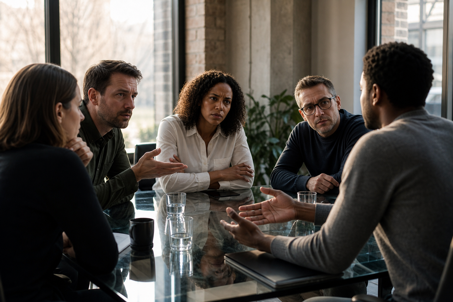 Colleagues have a tense discussion around a glass table while one participant listens with an open, steady posture.