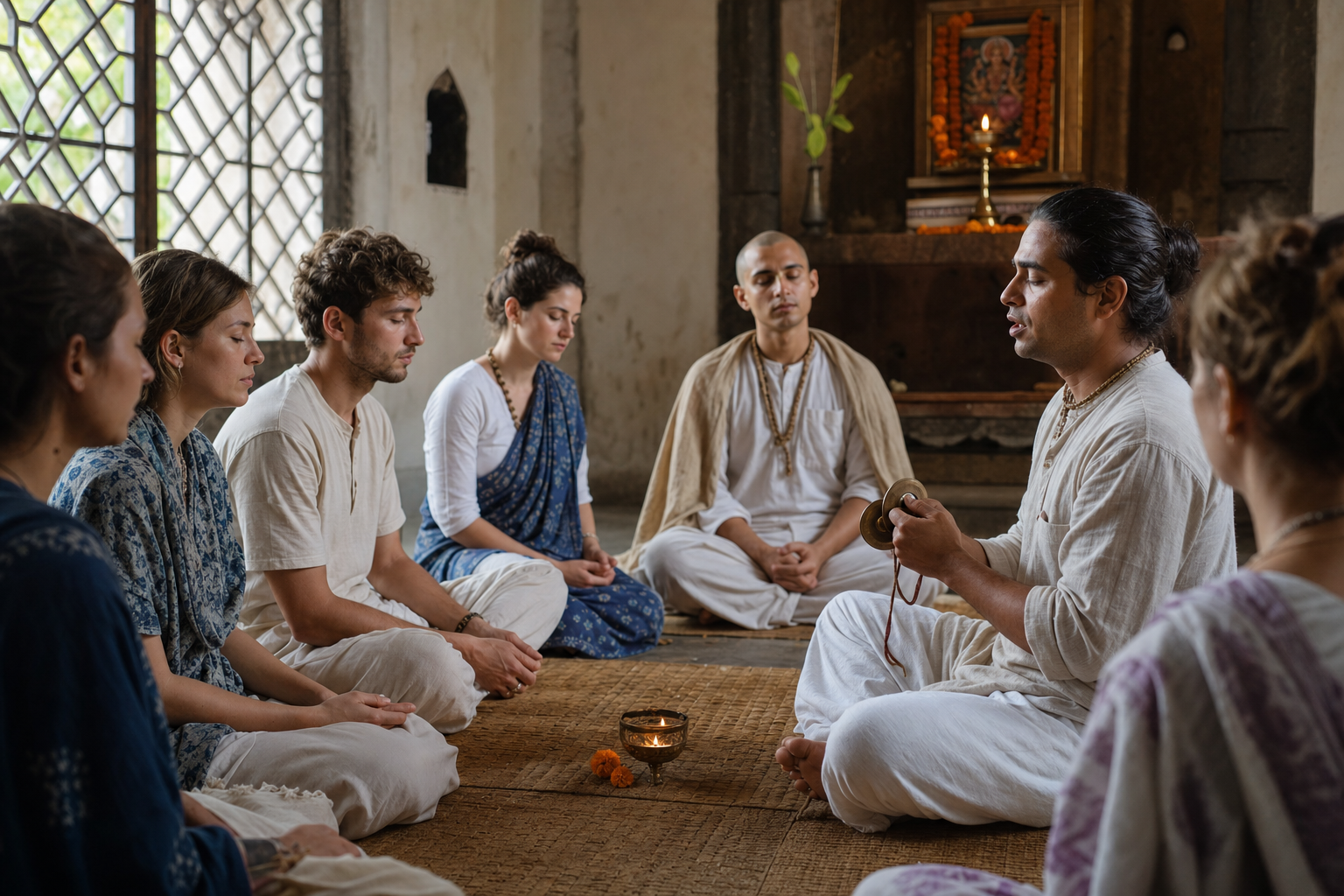 Devotees sit in a quiet circle and listen attentively while a kirtan leader chants with small hand cymbals.