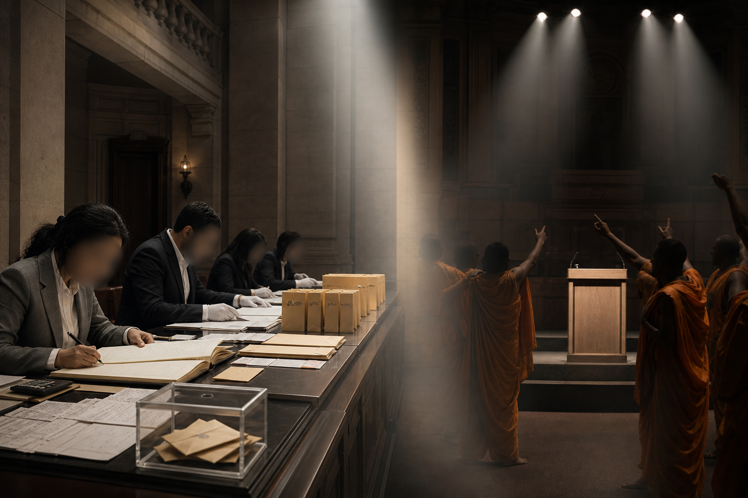 Financial records are examined at one side of a committee room while anonymous saffron-clad figures stage a dramatic display on the other.