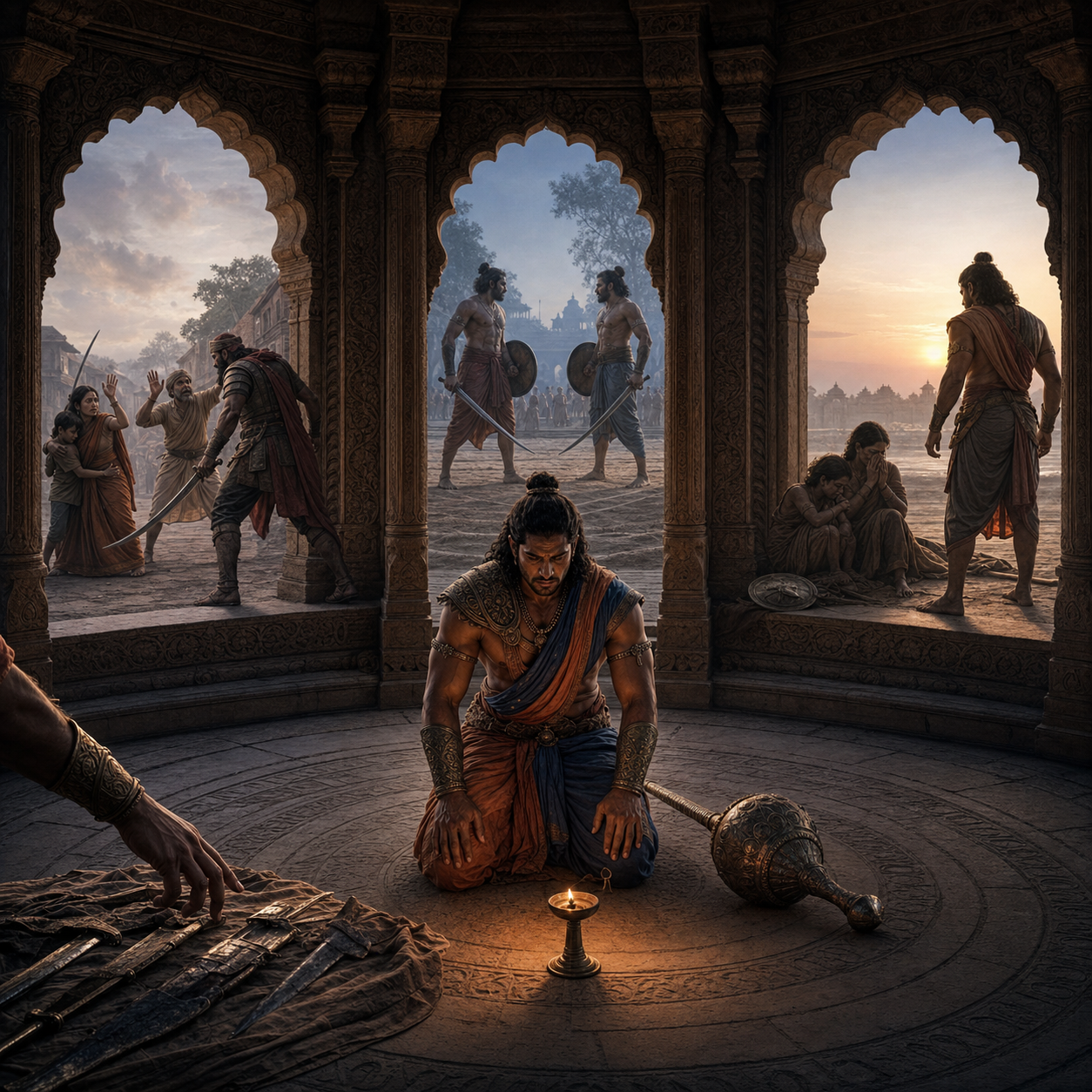 A kneeling warrior considers a mace in a stone pavilion surrounded by scenes of danger, fair combat, restrained force, and the aftermath of victory.