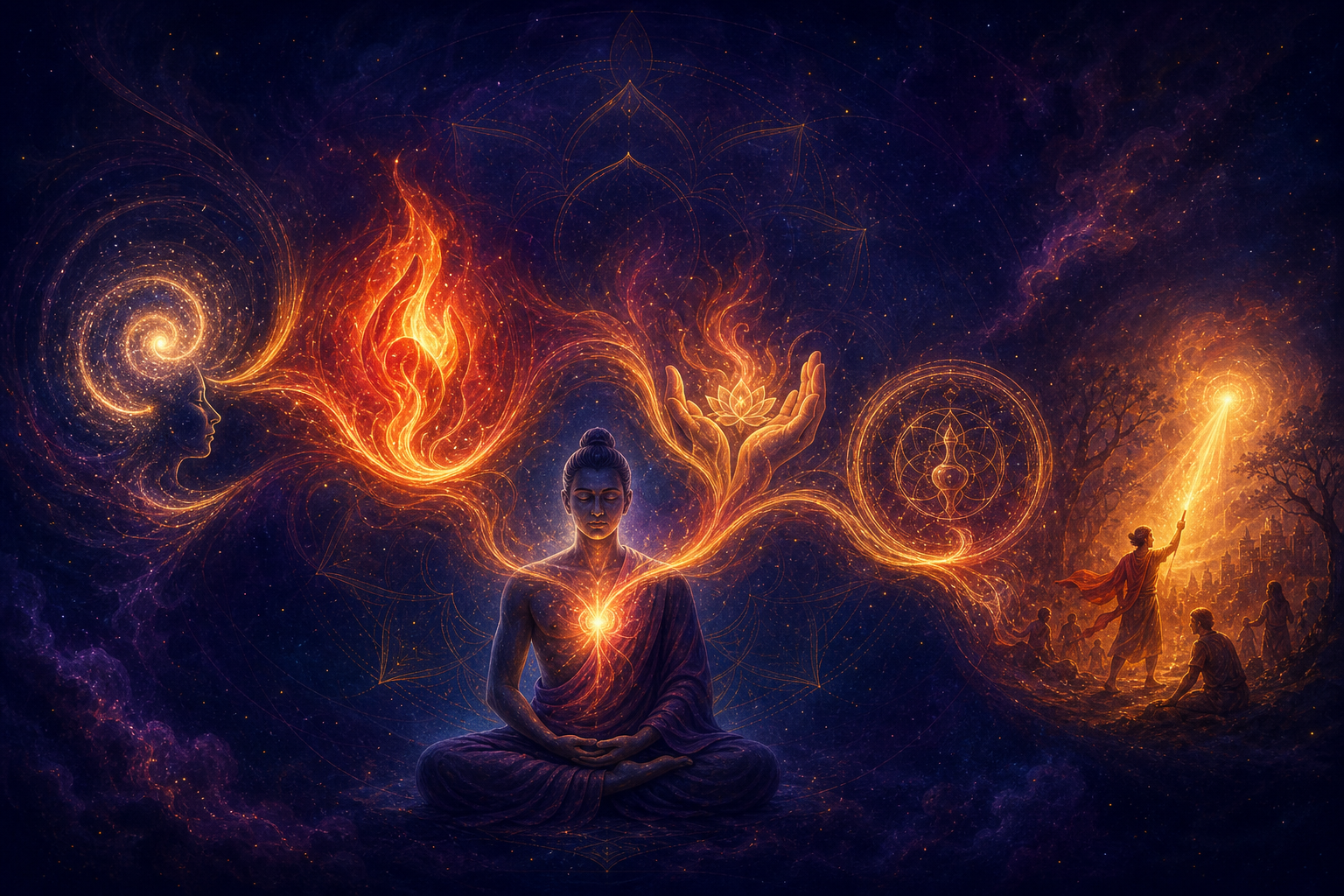 A meditating figure is surrounded by a golden-red current that unfolds into symbolic forms of thought, courage, compassion, restraint and action.