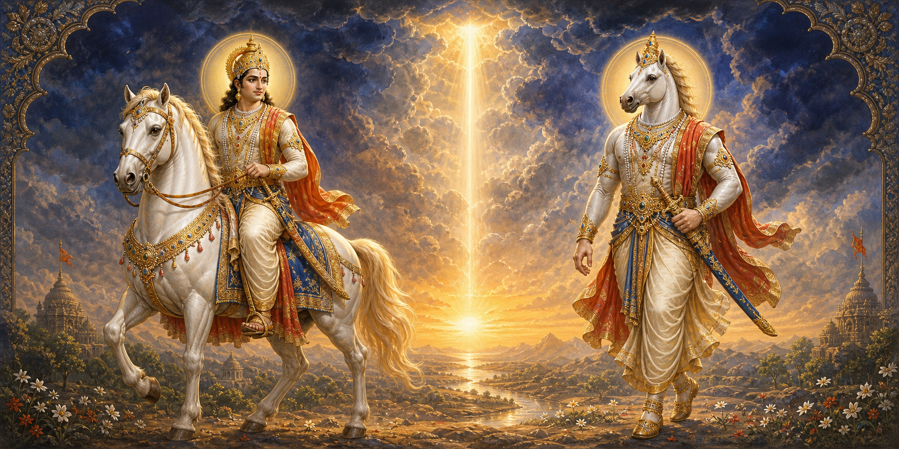 A human-faced warrior riding a white horse and a horse-headed warrior standing beneath connected golden halos against a dawn sky.
