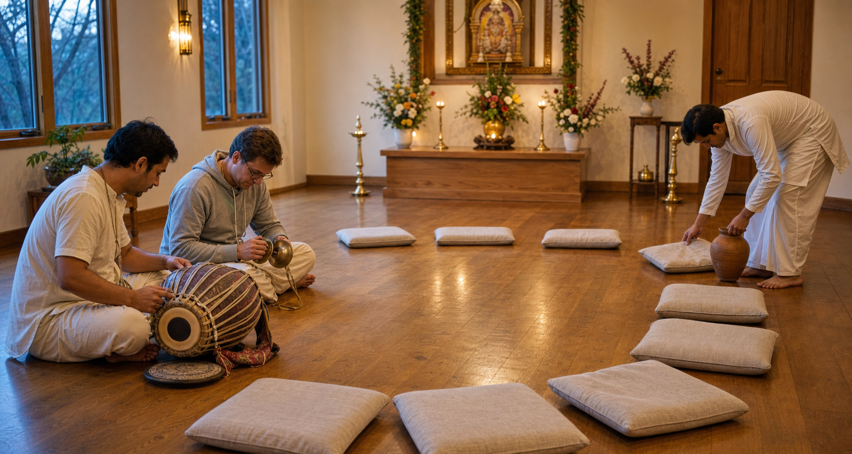 Volunteers tune a drum, check hand cymbals, and arrange floor cushions before a kirtan gathering.