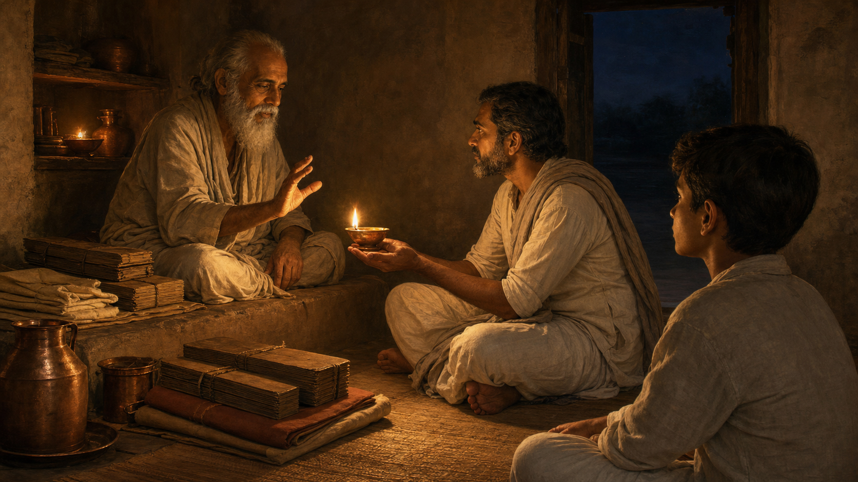 Three anonymous practitioners of different generations sit beside closed manuscript bundles as warm lamplight visually connects the elder, student, and younger listener.
