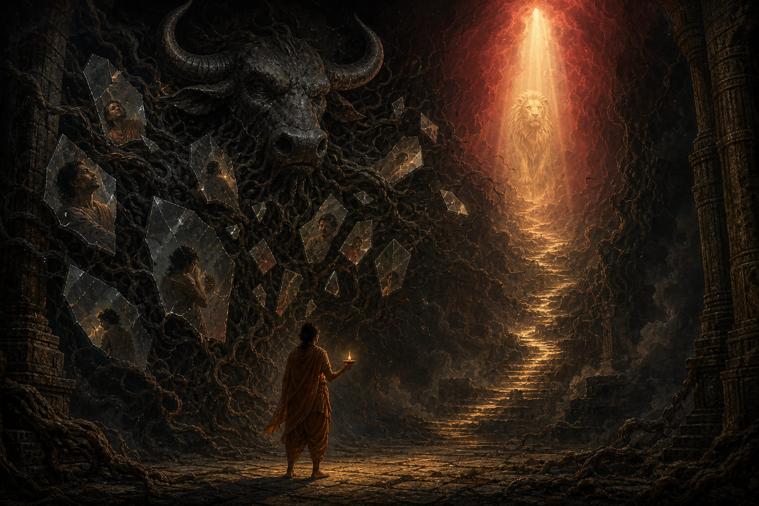 A seeker carrying a lamp faces a buffalo-headed shadow made of smoke, roots and broken mirrors inside a dark cavern.