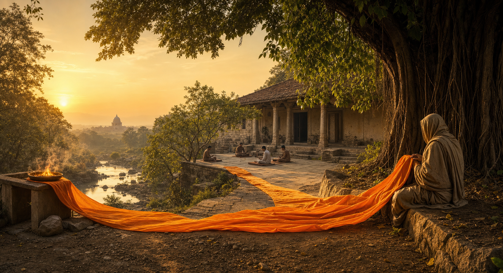 A saffron textile passes through a dawn landscape with a ritual flame, a stone learning retreat, an ascetic, and a distant legislative dome.